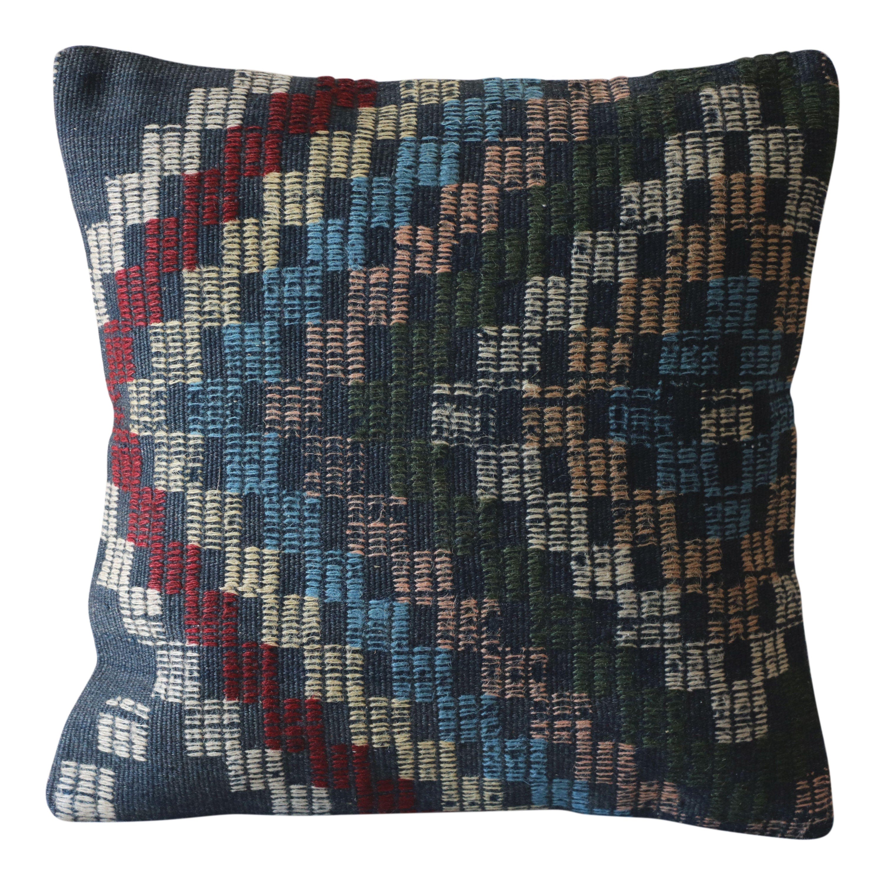 Vintage Kilim Pillow Cover 16x16: Handwoven Turkish Wool Accent