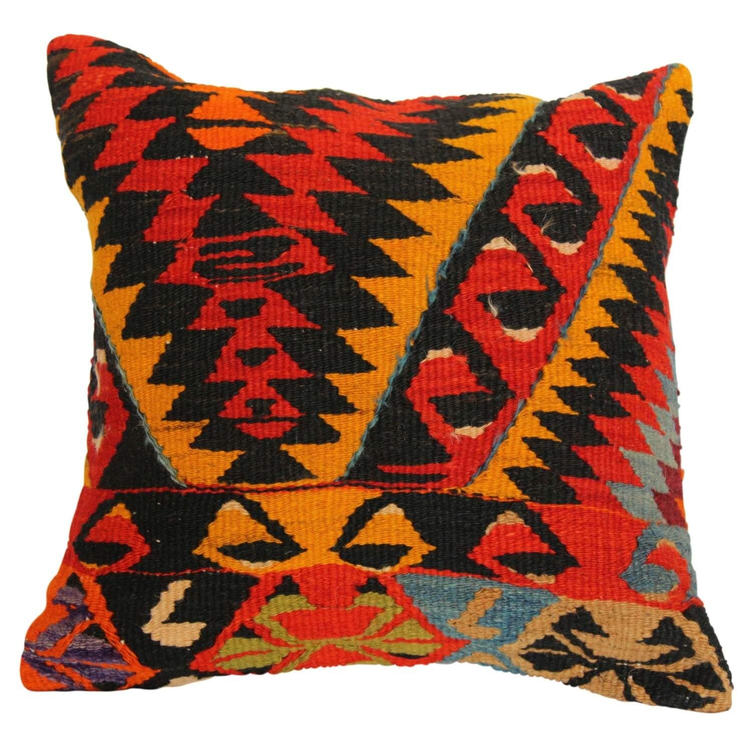 Antique Kilim Pillow Cover: Handwoven Wool Rug, 16x16 Inch