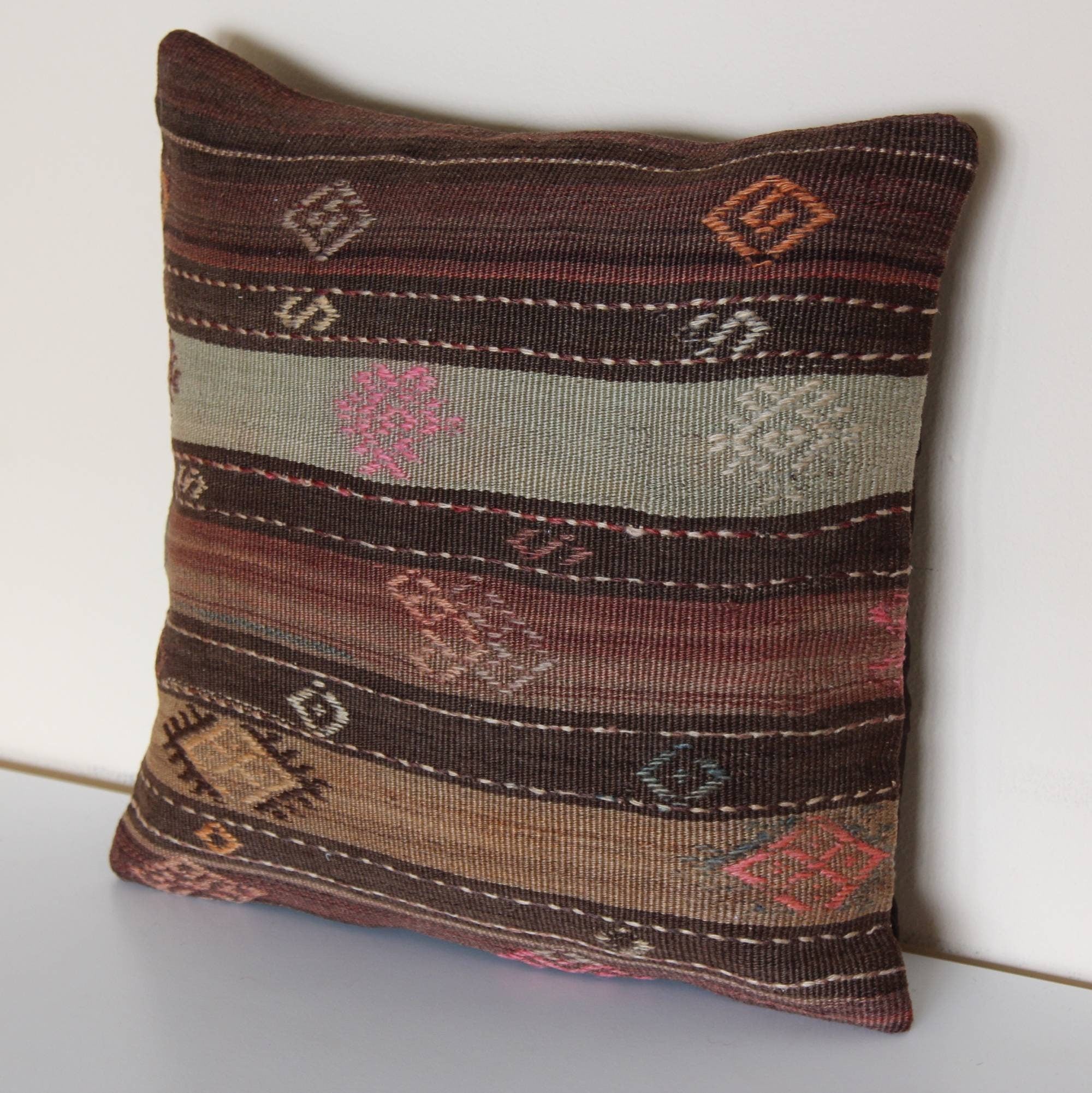 Unique Hand-Knotted Kilim Rug Pillow 16x16 - Vintage Decorative Accent Cushion