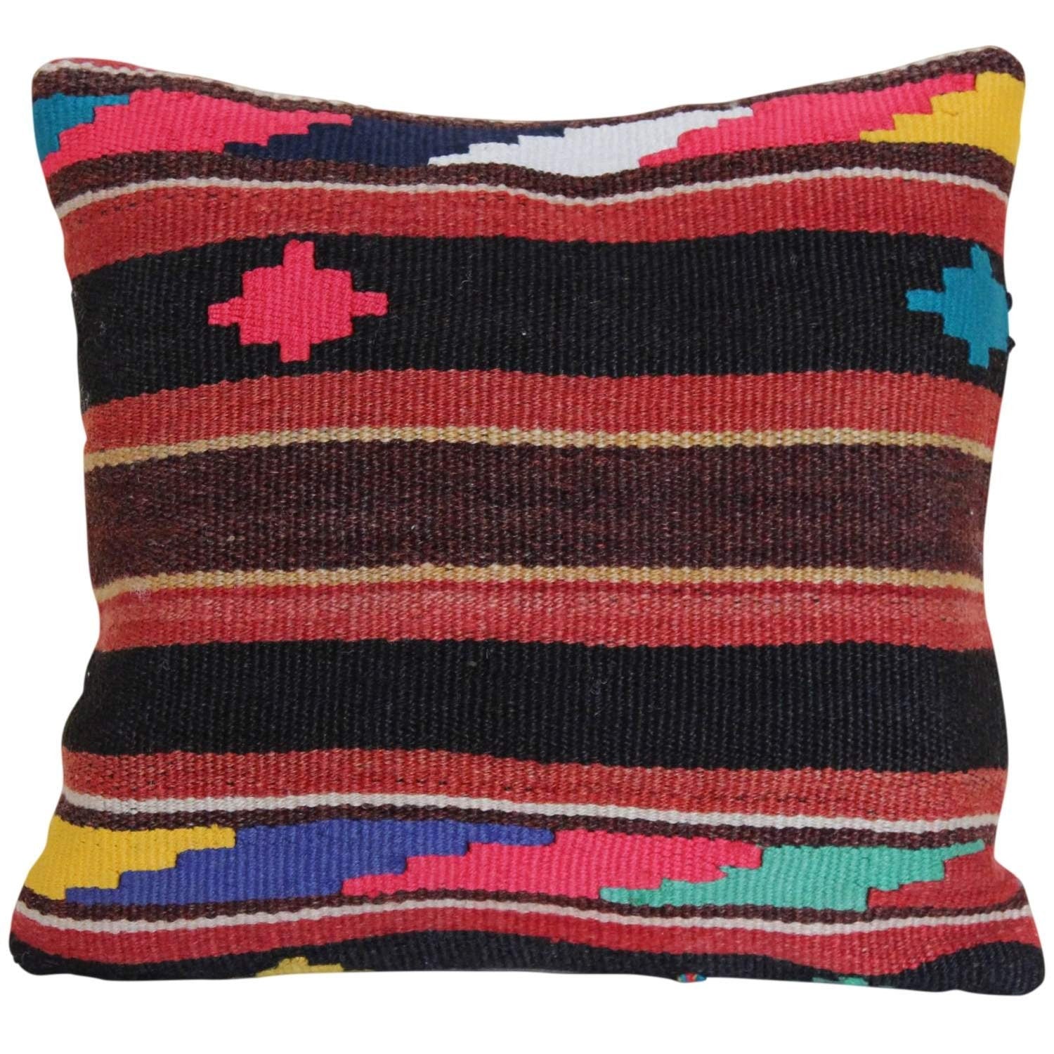 Hand-Knotted Kilim Rug Pillow 16x16 - Vintage Decorative Accent Cushion for Couch & Sofa