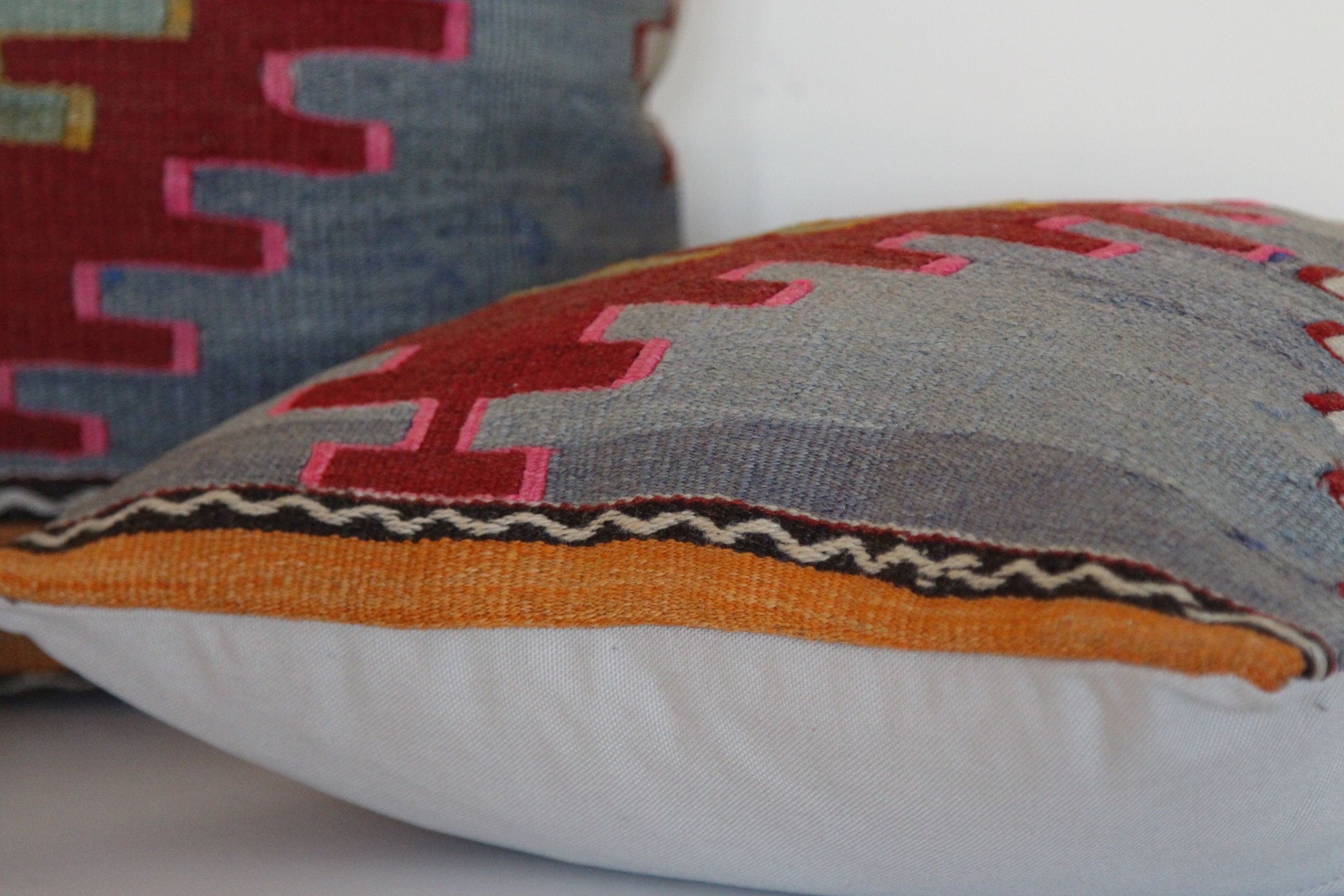 Set of 3 Vintage Kilim Pillow Covers: 16x16 Wool Rug Cases