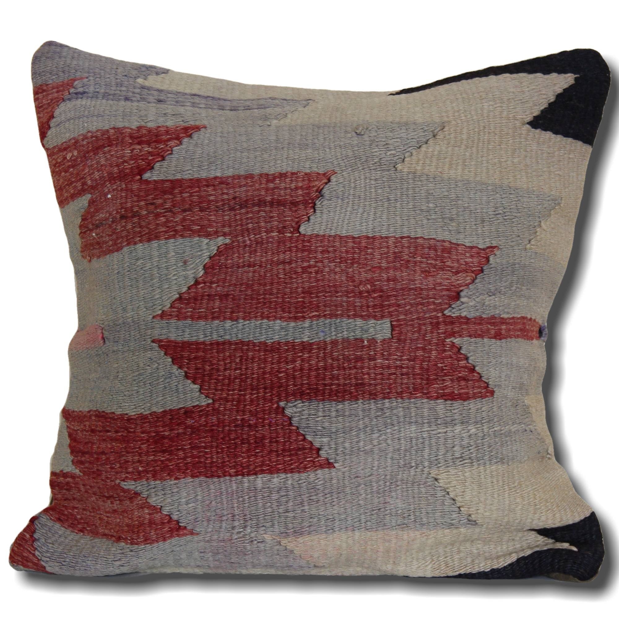 Hand-Knotted Wool Kilim Pillow Cover: Vintage Turkish Rug, 16x16
