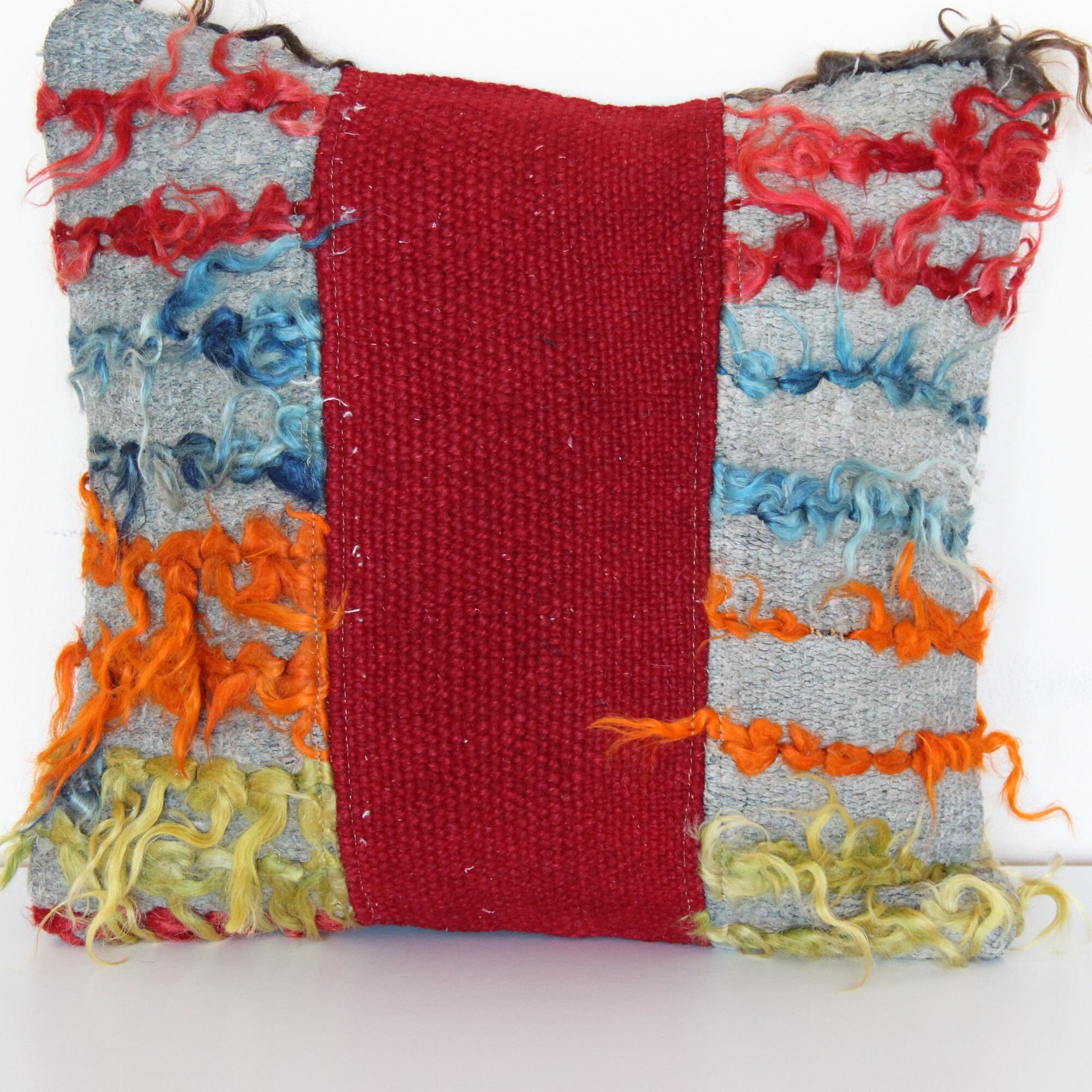 Shaggy Tulu Kilim Rug Pillow Cover, Handwoven Geometric Pattern Decorative Pillowcase, Red Blue Yellow