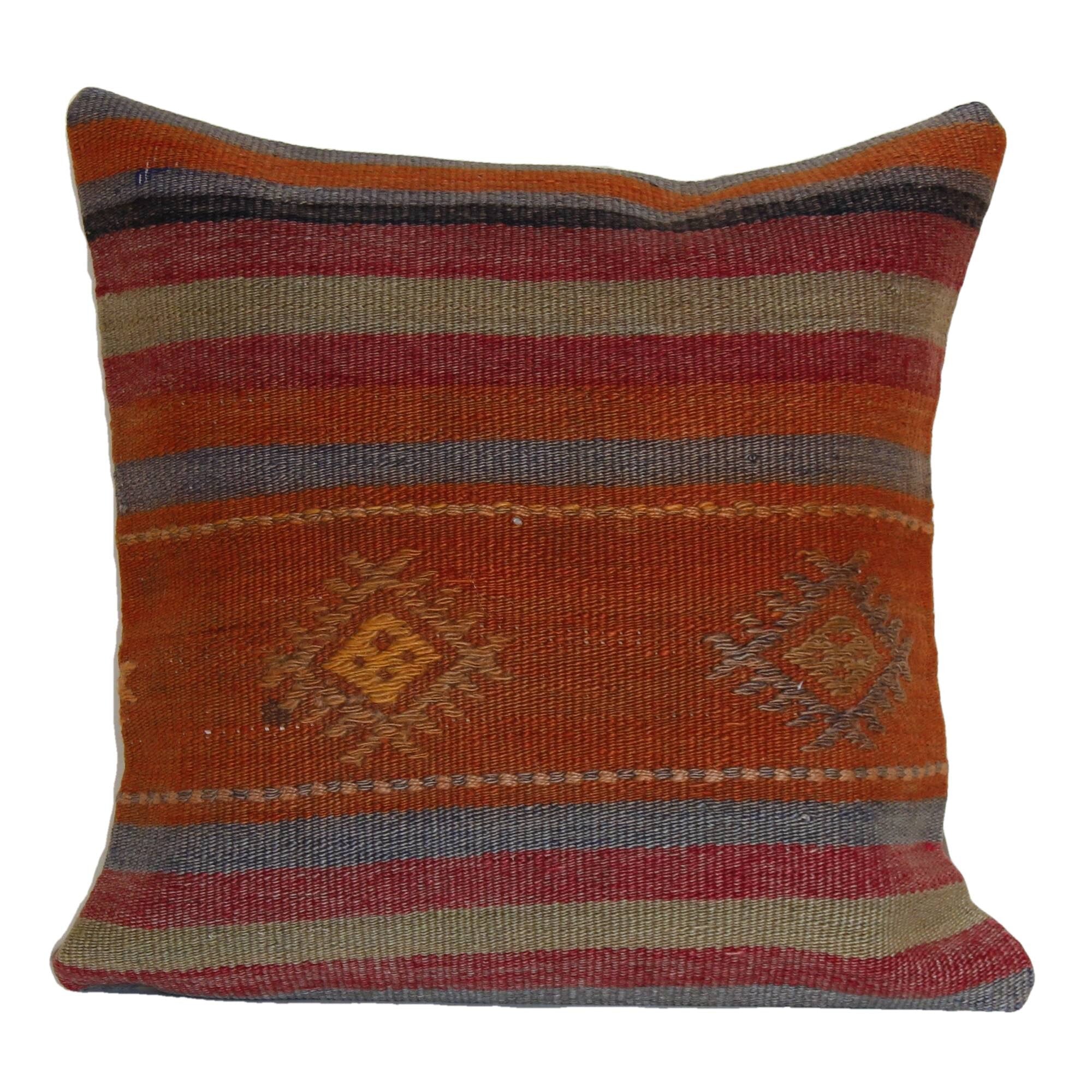 Vintage Kilim Wool Pillow Cover: Handwoven Turkish Throw Cushion (16x16)