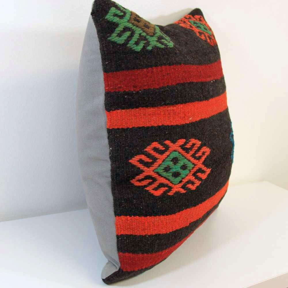 Vintage Kilim Pillow Cover 16x16: Handwoven Wool Embroidered Cushion