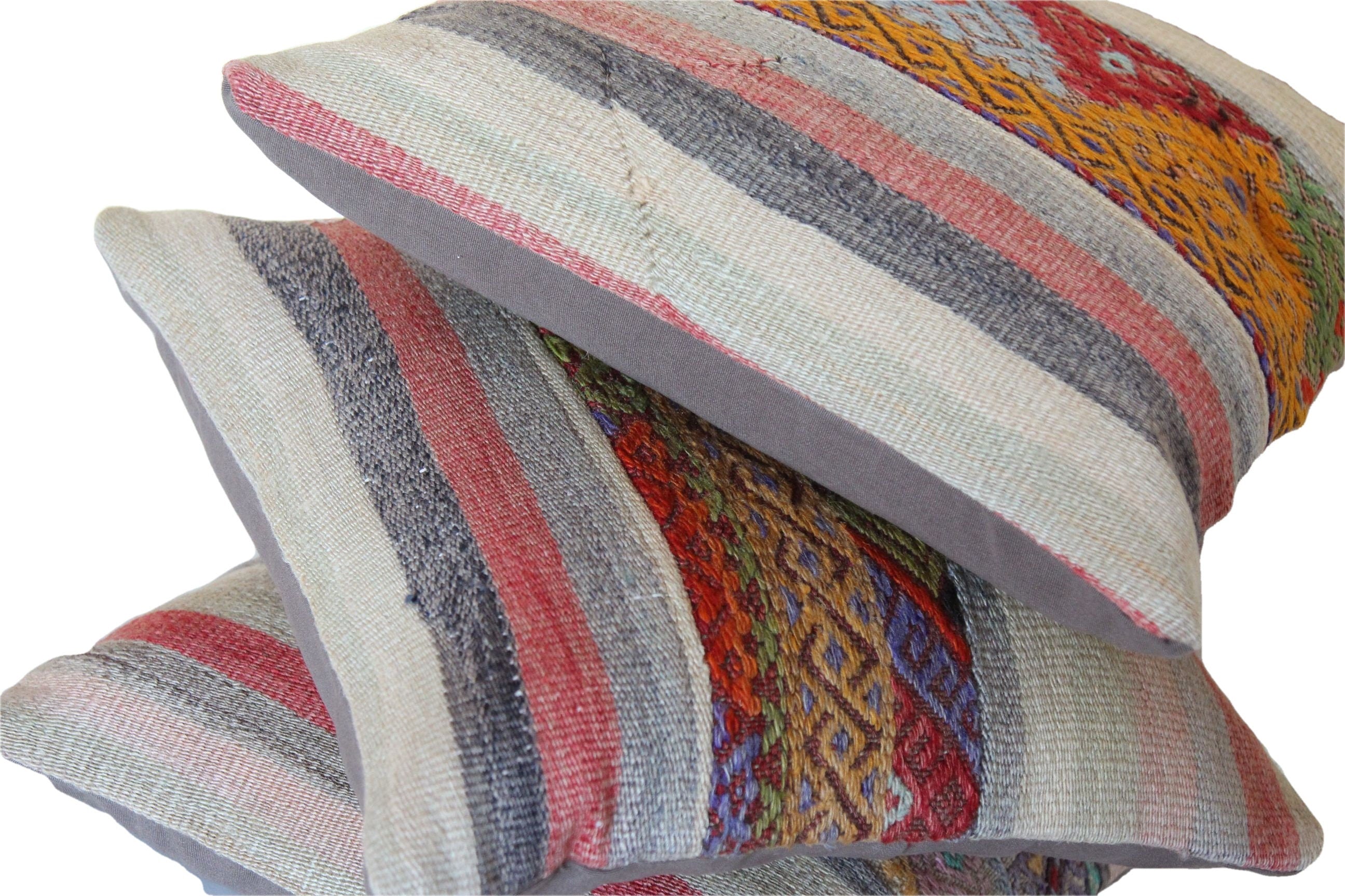 Set of 3 Vintage Kilim Pillow Covers: Turkish Wool Throw Cushions (16x16)