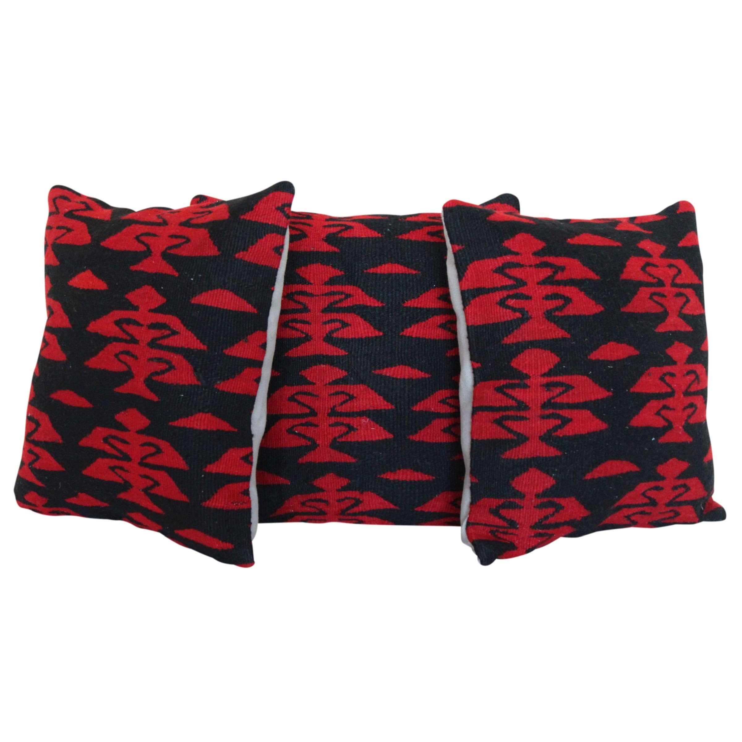 Set of 3 Red & Black Kilim Pillow Covers: Vintage Turkish Decor (16x16)