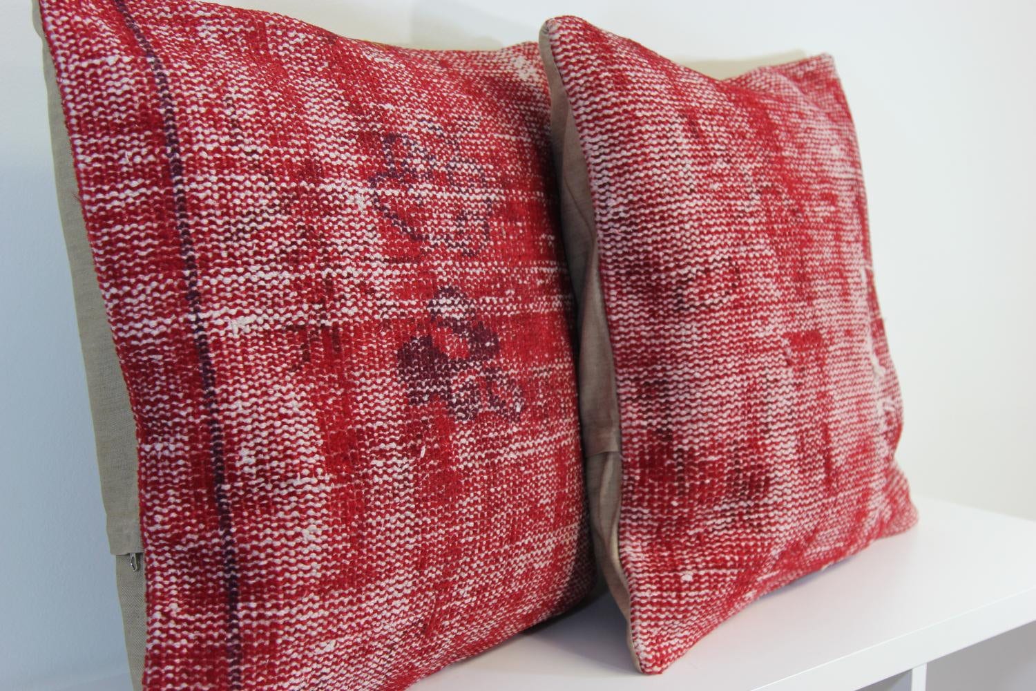 Set of 2 Red Wool Kilim Pillow Covers: Vintage Turkish Rug Pillows 18x18