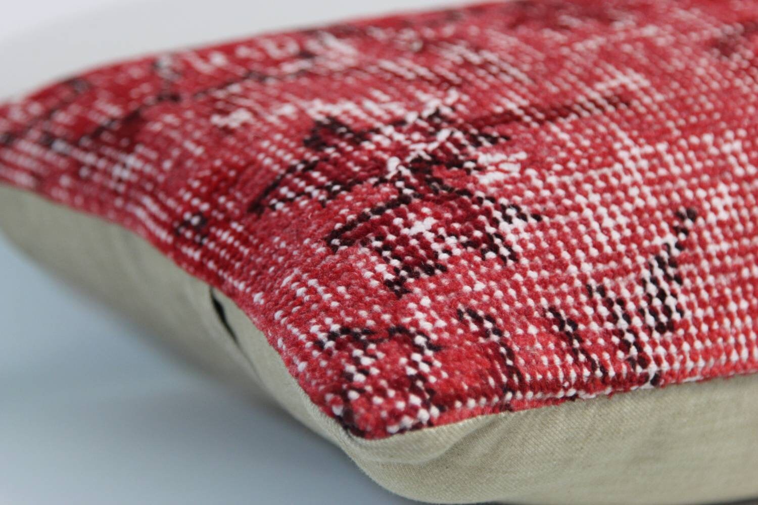 Red Turkish Kilim Pillow Cover: Hand-Knotted Wool Lumbar Pillow (12x20)