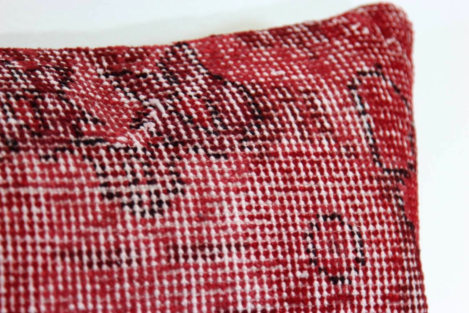 Red Turkish Kilim Pillow Cover: Hand-Knotted Wool Lumbar Pillow (12x20)