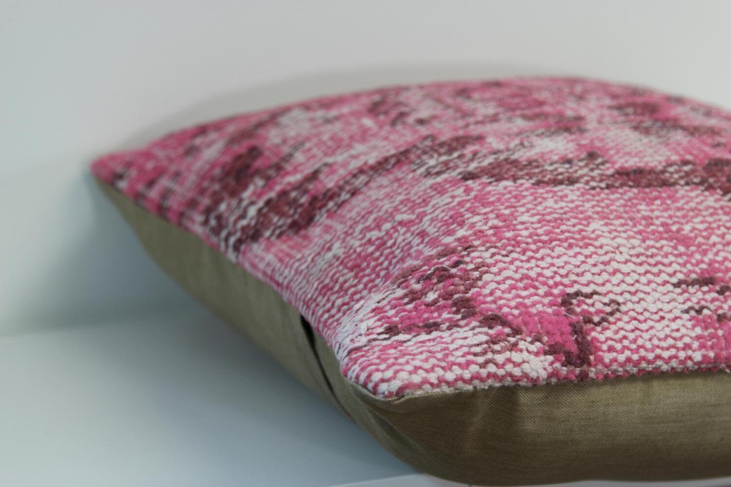 Pink Turkish Kilim Pillow Cover: Hand-Knotted Wool Rug, 18x18