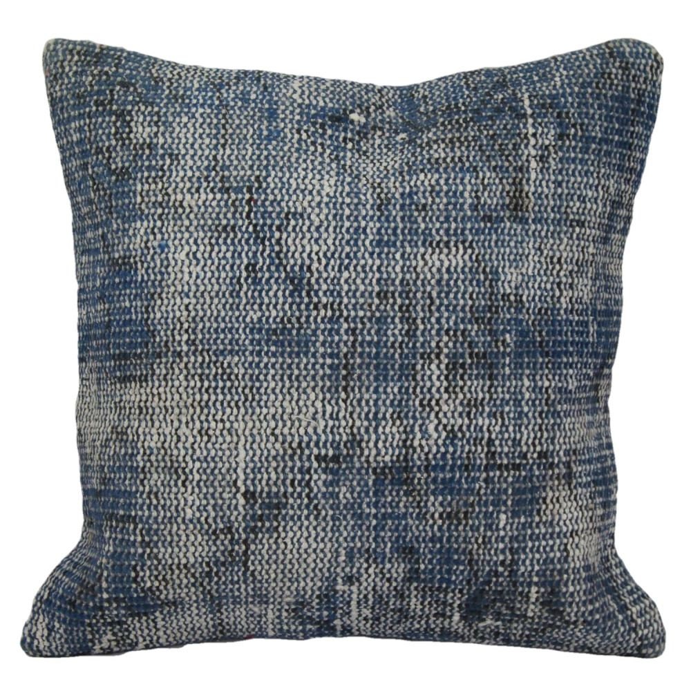 Vintage Turkish Rug Pillow: Blue Overdyed Hand-Knotted Wool, 16x16