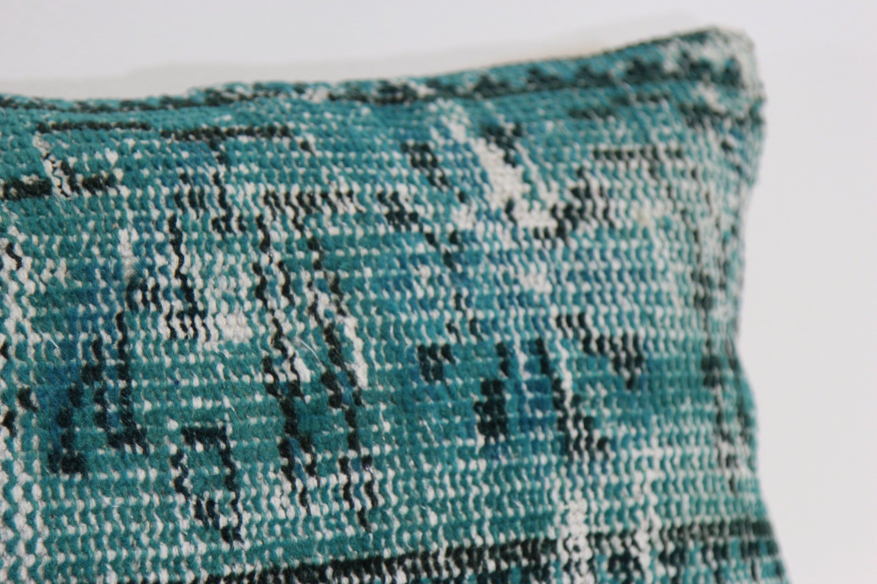 Hand-Knotted Turkish Wool Lumbar Pillow: Turquoise Overdyed Rug Design (12x20)