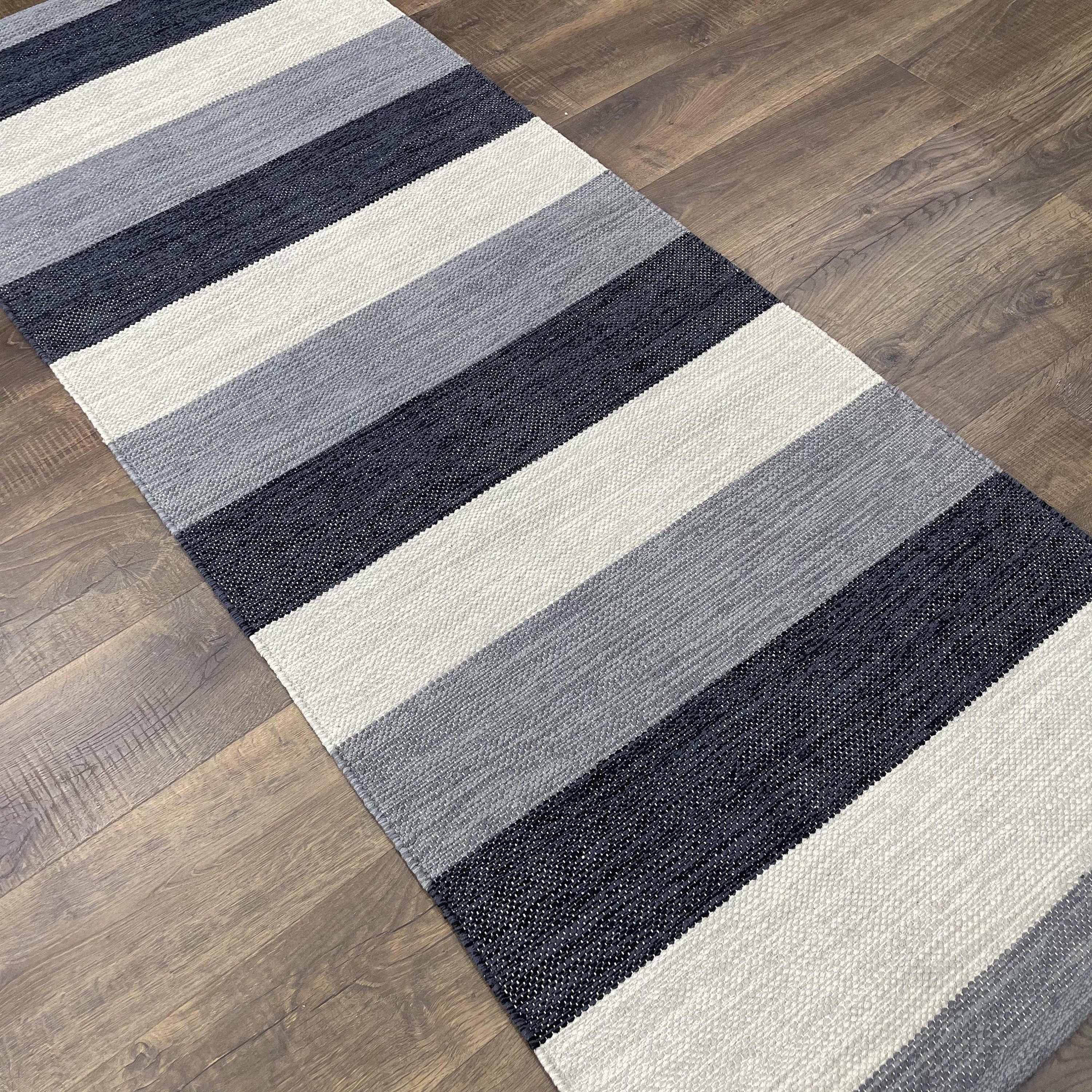 7 Ft Turkish Cotton Kilim Runner: Striped Blue Gray Boho Rug
