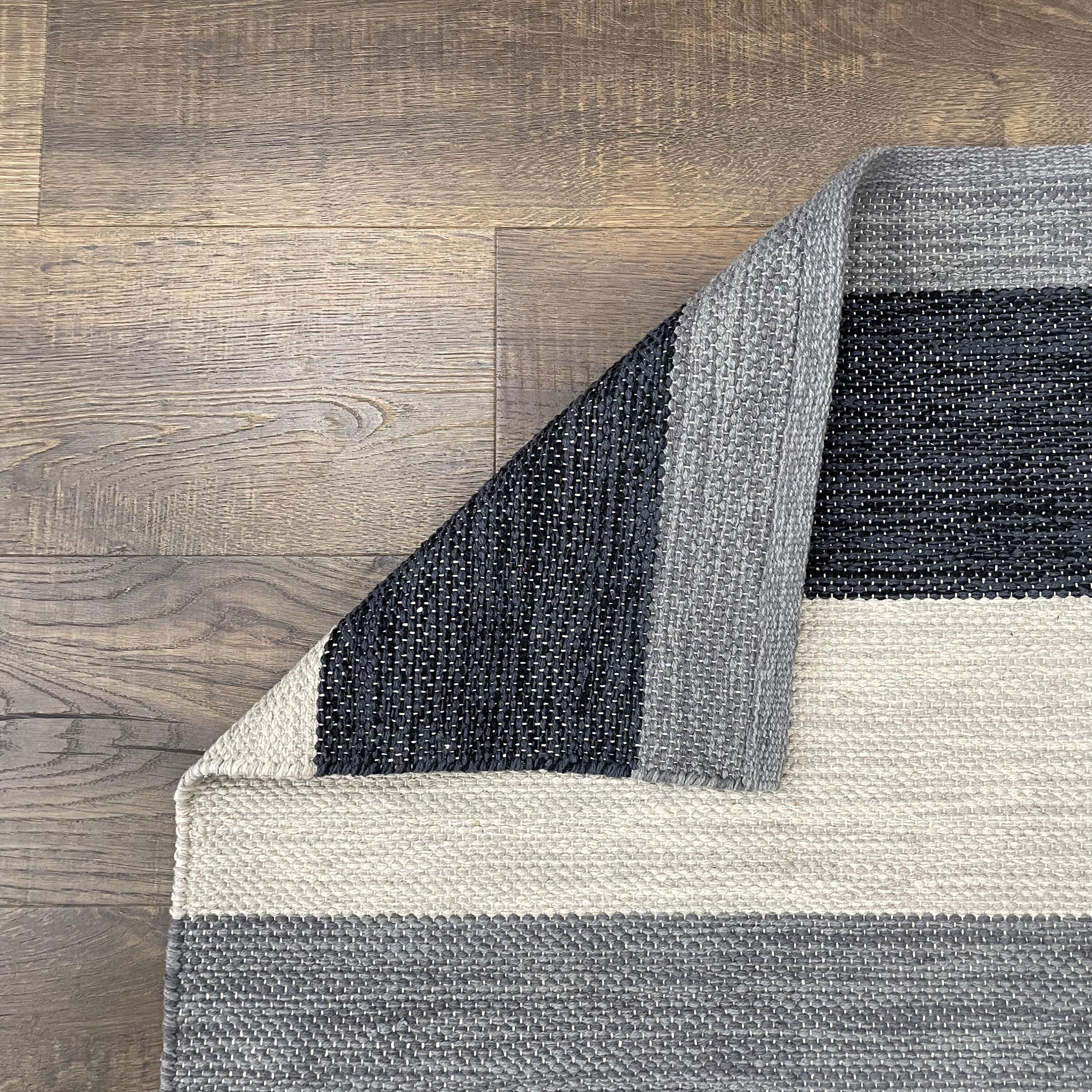 7 Ft Turkish Cotton Kilim Runner: Striped Blue Gray Boho Rug