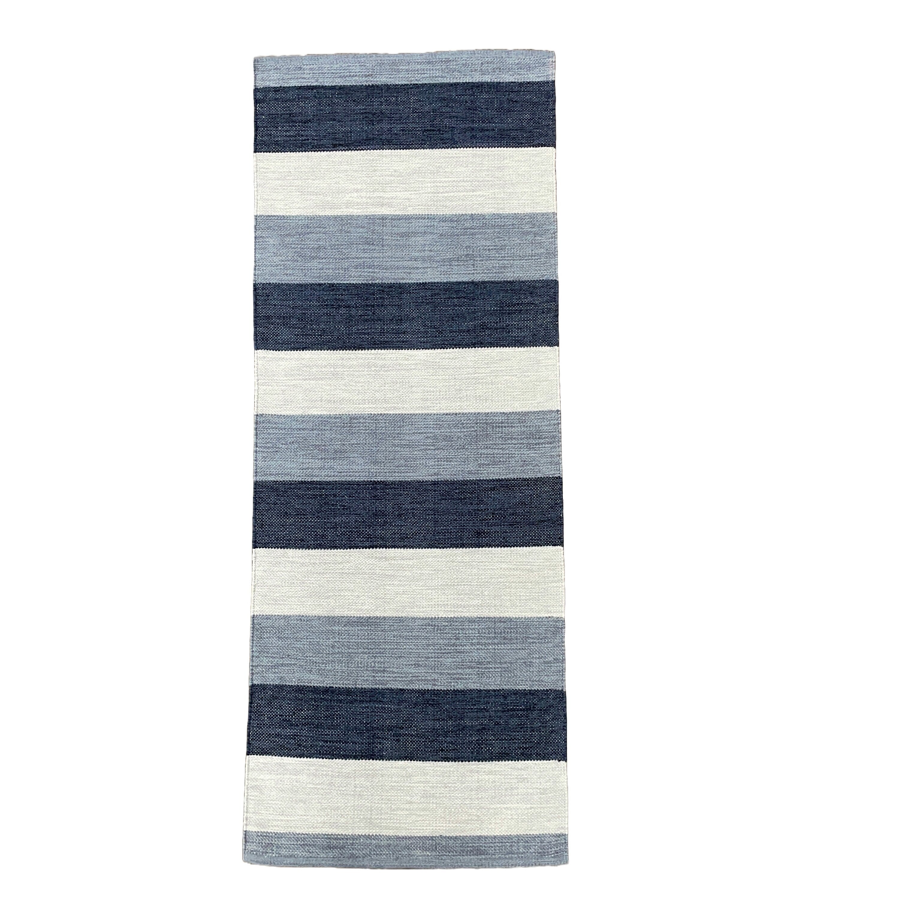 7 Ft Turkish Cotton Kilim Runner: Striped Blue Gray Boho Rug