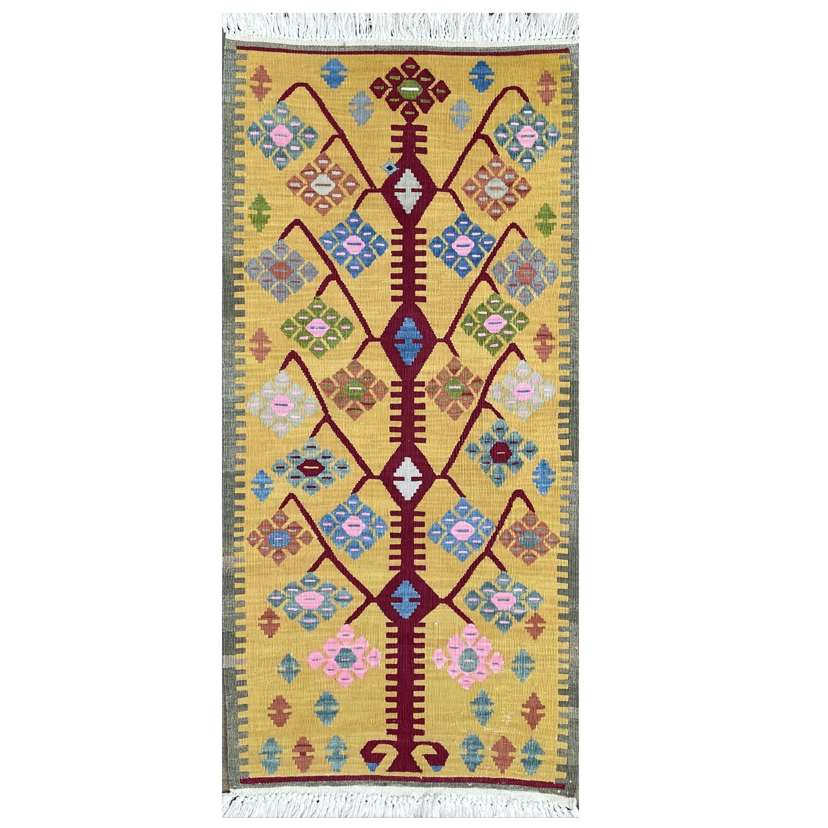 Vintage Turkish Kilim Runner Rug: Tree of Life Wool Flatweave (2.2x4.4 Ft)
