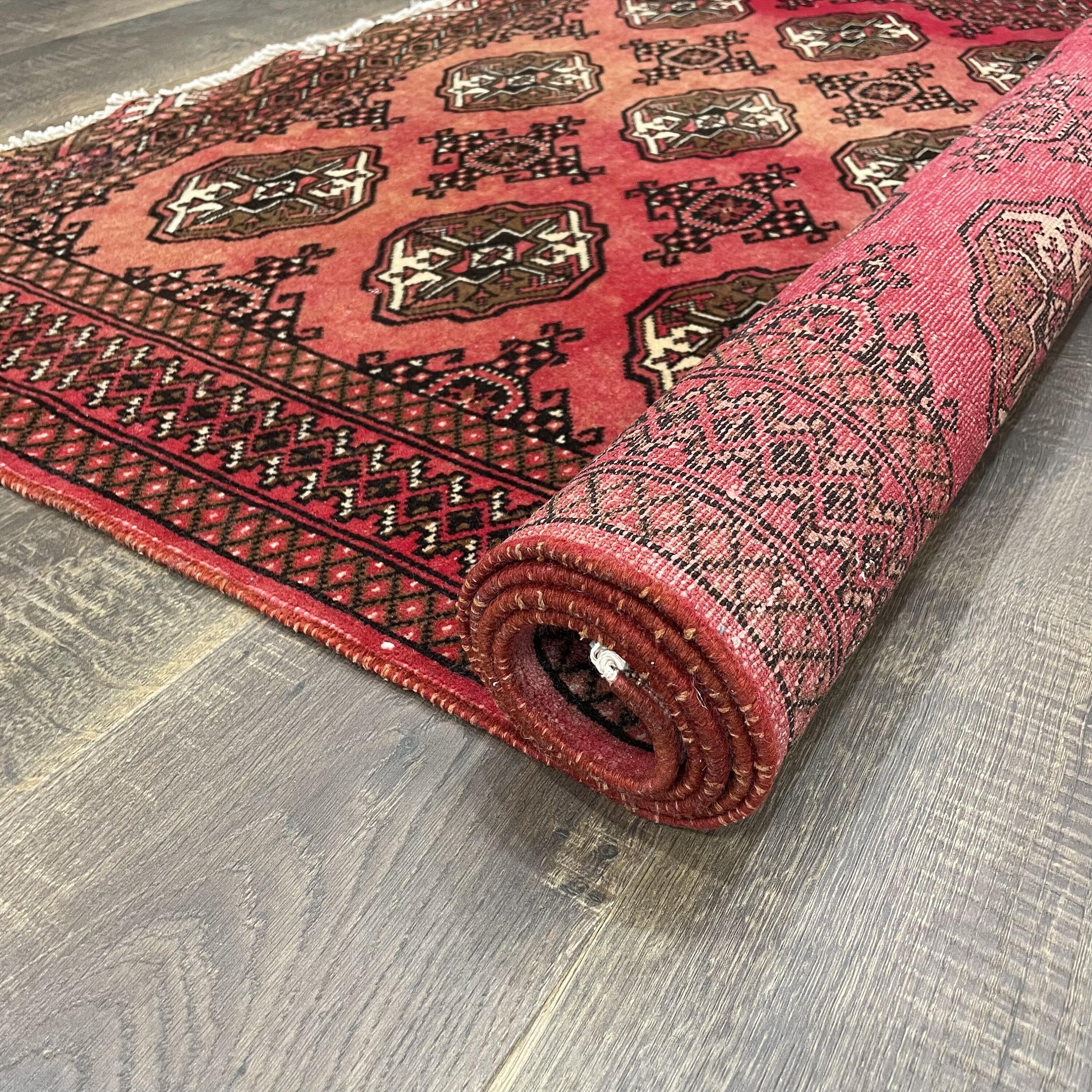 Hand-Knotted Red Buhara Rug: 4x6 Vintage Turkish Geometric Carpet
