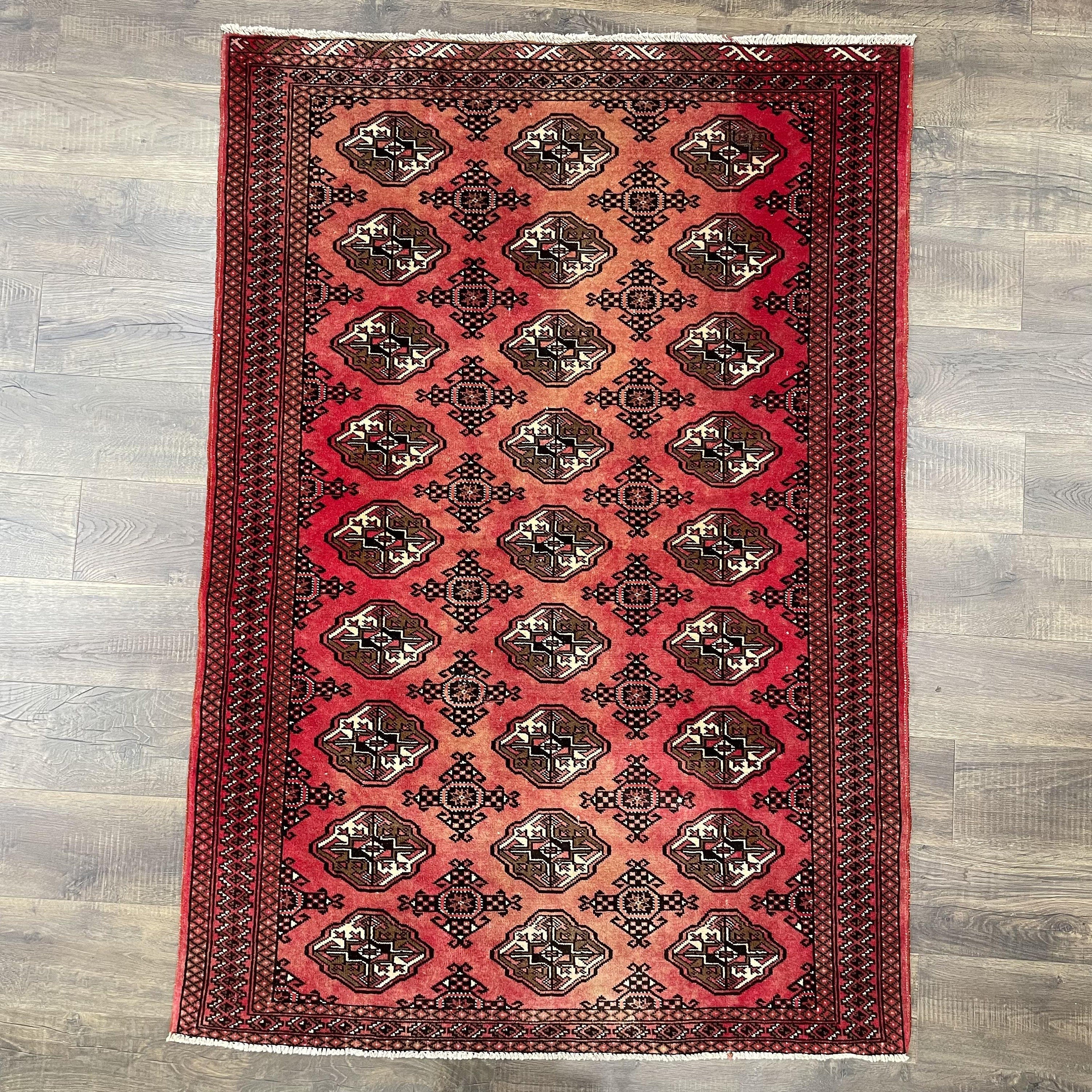 Hand-Knotted Red Buhara Rug: 4x6 Vintage Turkish Geometric Carpet