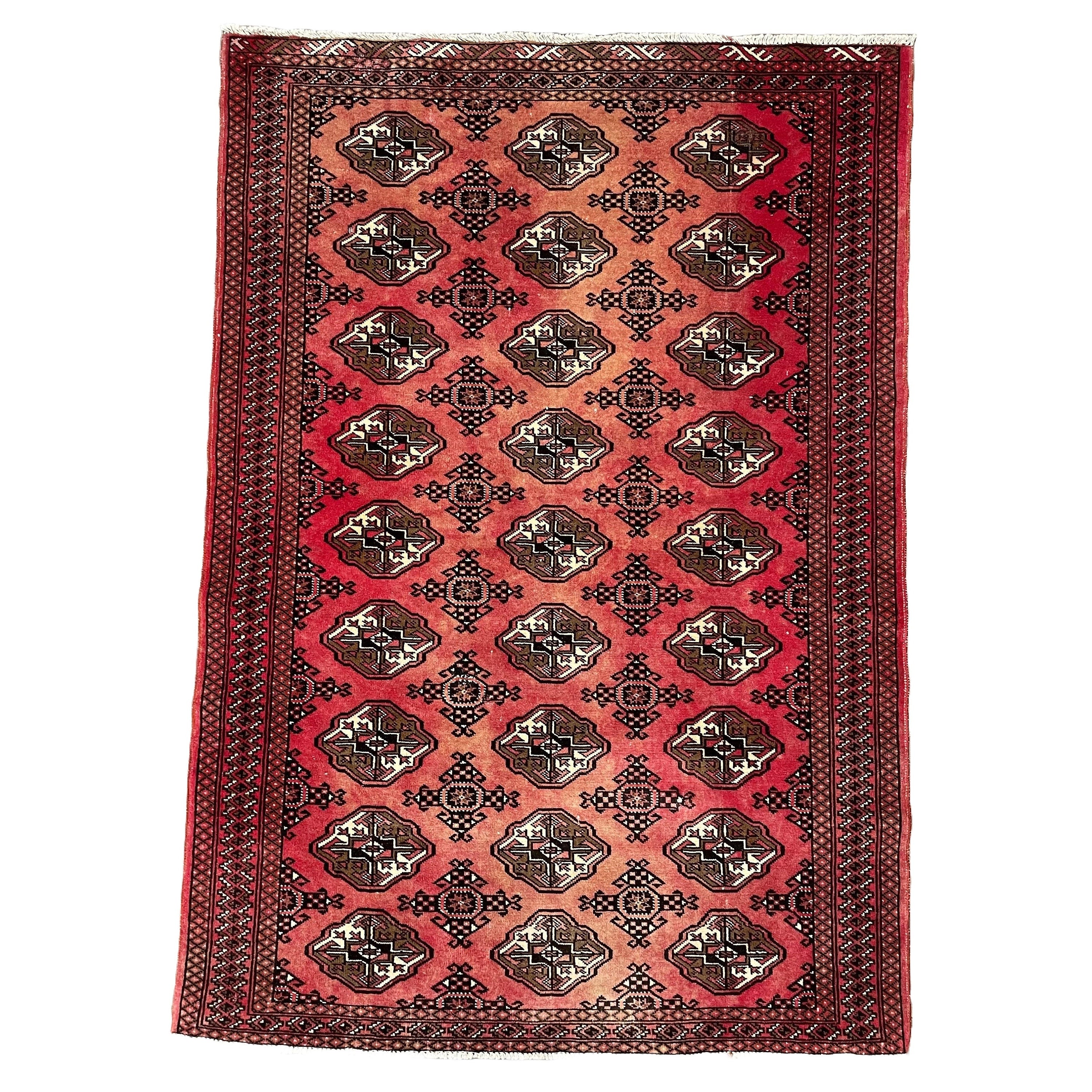 Hand-Knotted Red Buhara Rug: 4x6 Vintage Turkish Geometric Carpet