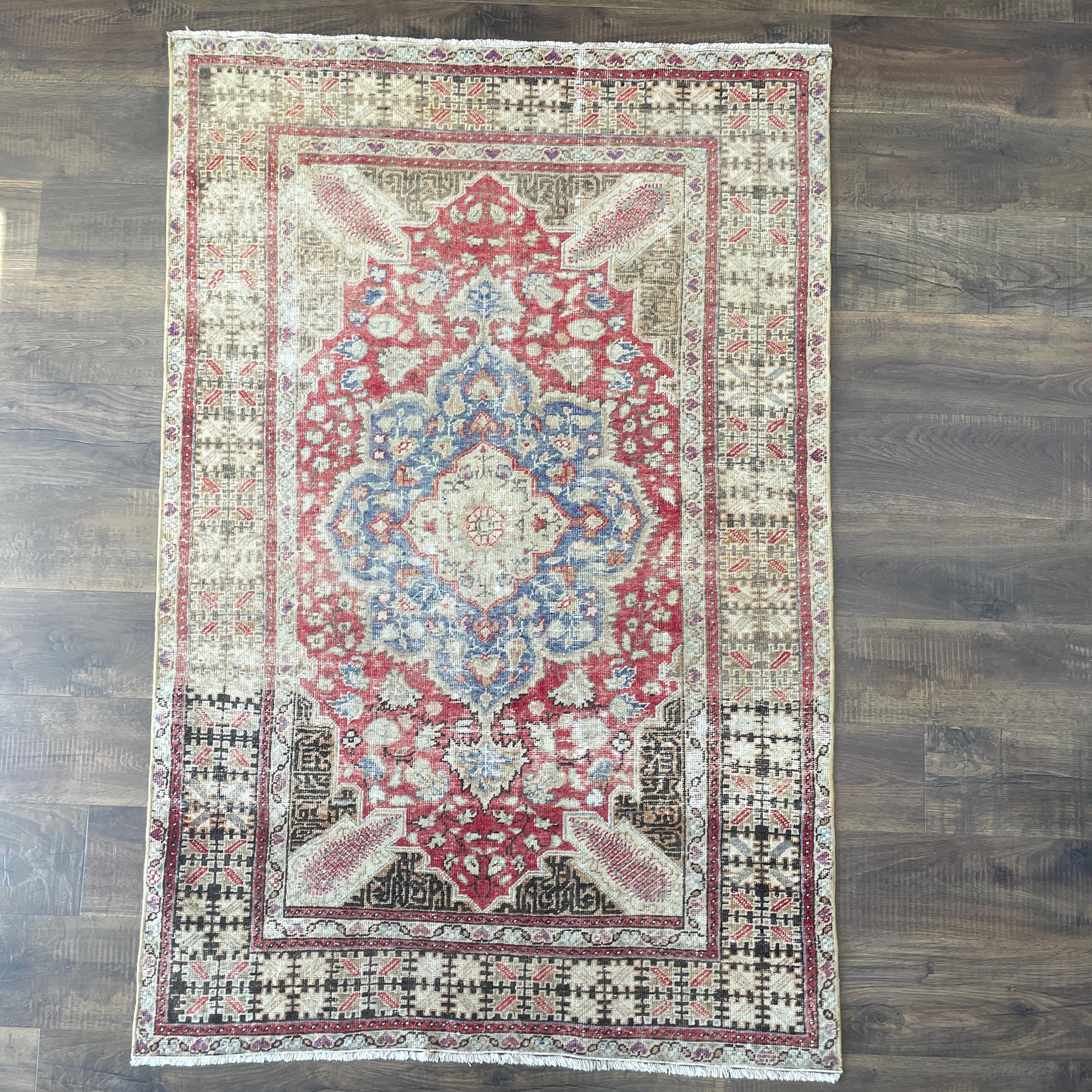 Handmade Wool Area Rug (4'x6"): Turkish Vintage Red and Blue Decor