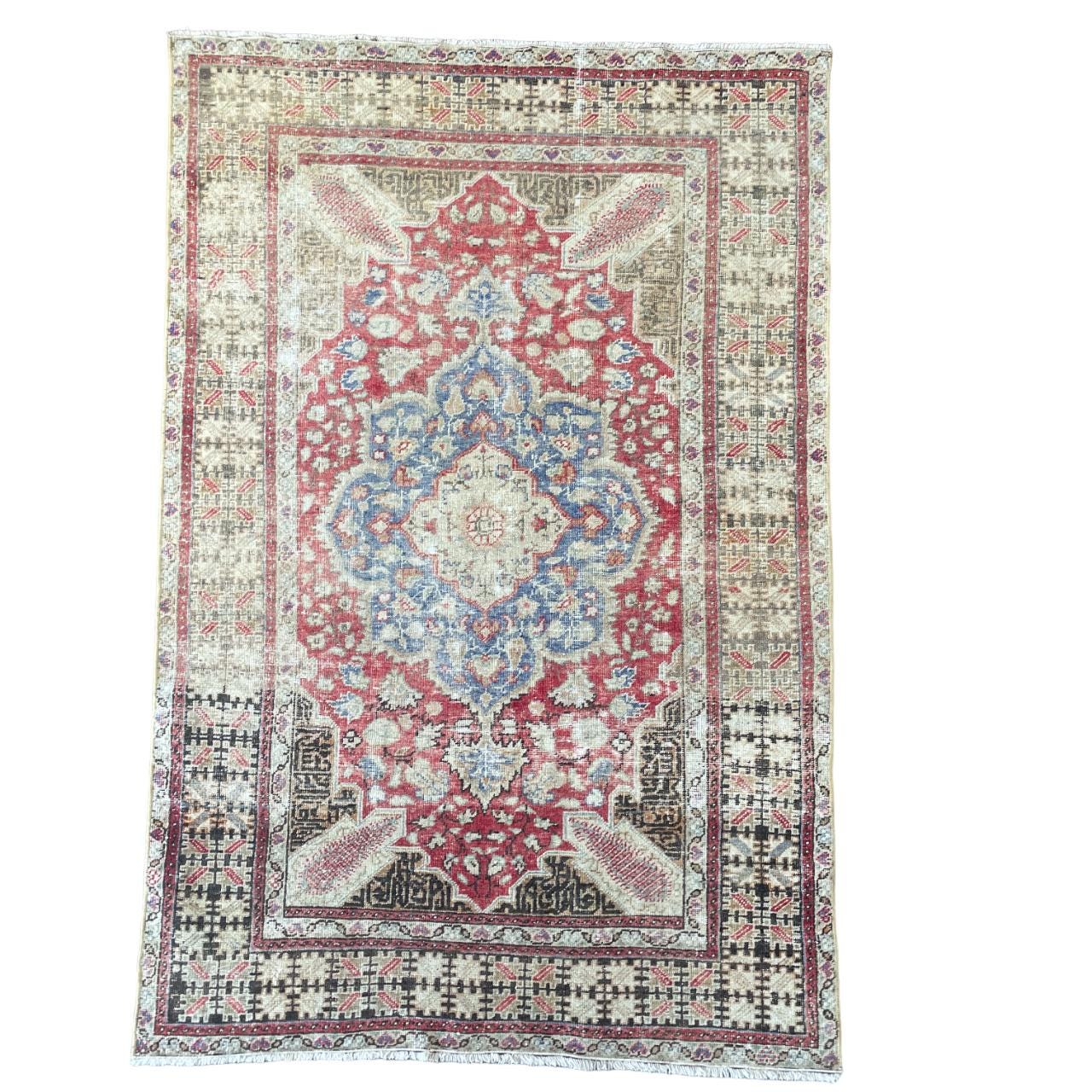 Handmade Wool Area Rug (4'x6"): Turkish Vintage Red and Blue Decor