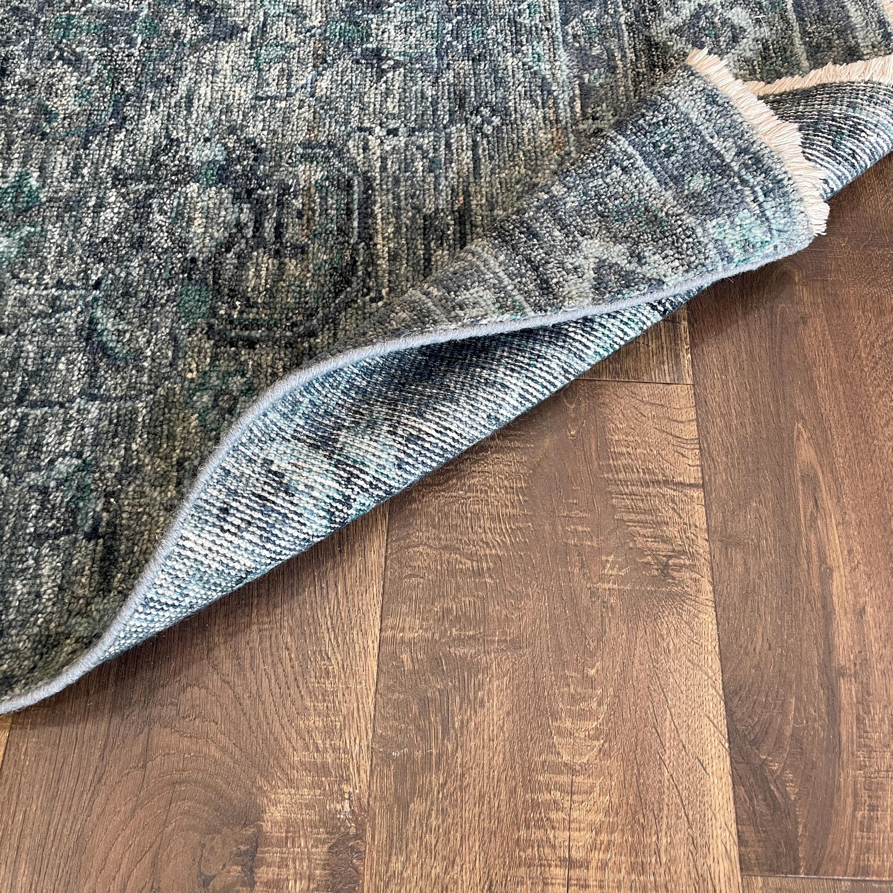 Handmade Distressed Blue Turkish Rug: Vintage Boho Accent (1'10"x3')