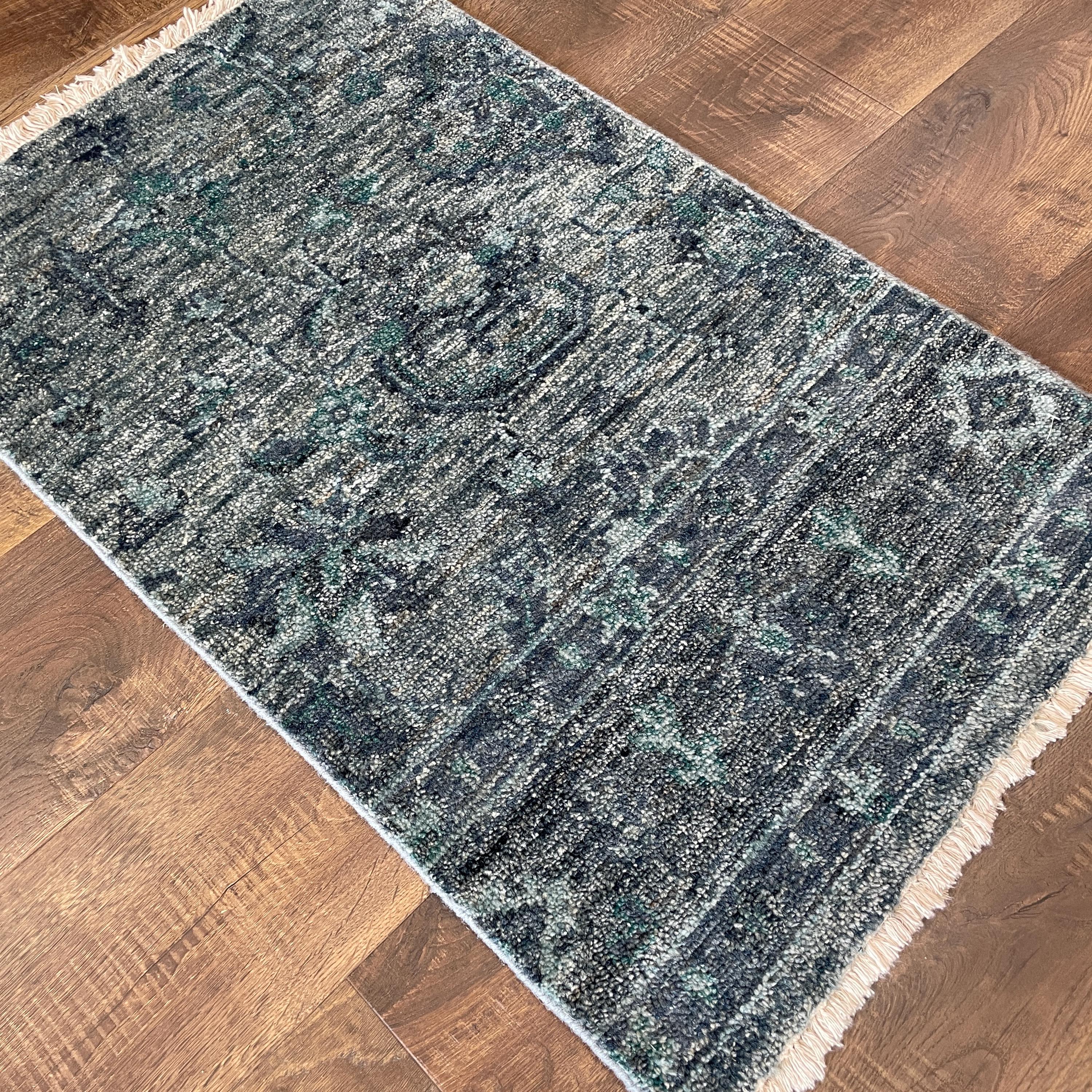 Handmade Distressed Blue Turkish Rug: Vintage Boho Accent (1'10"x3')