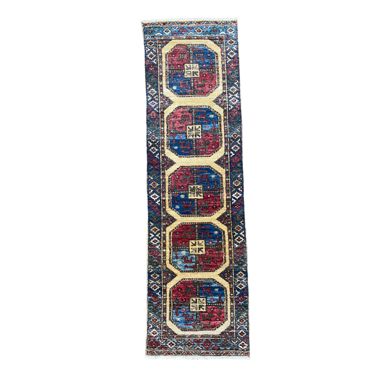 Handmade 2'4"x8' Turkish Runner Rug – Red and Blue Geometric Design, Vintage Hallway Decor