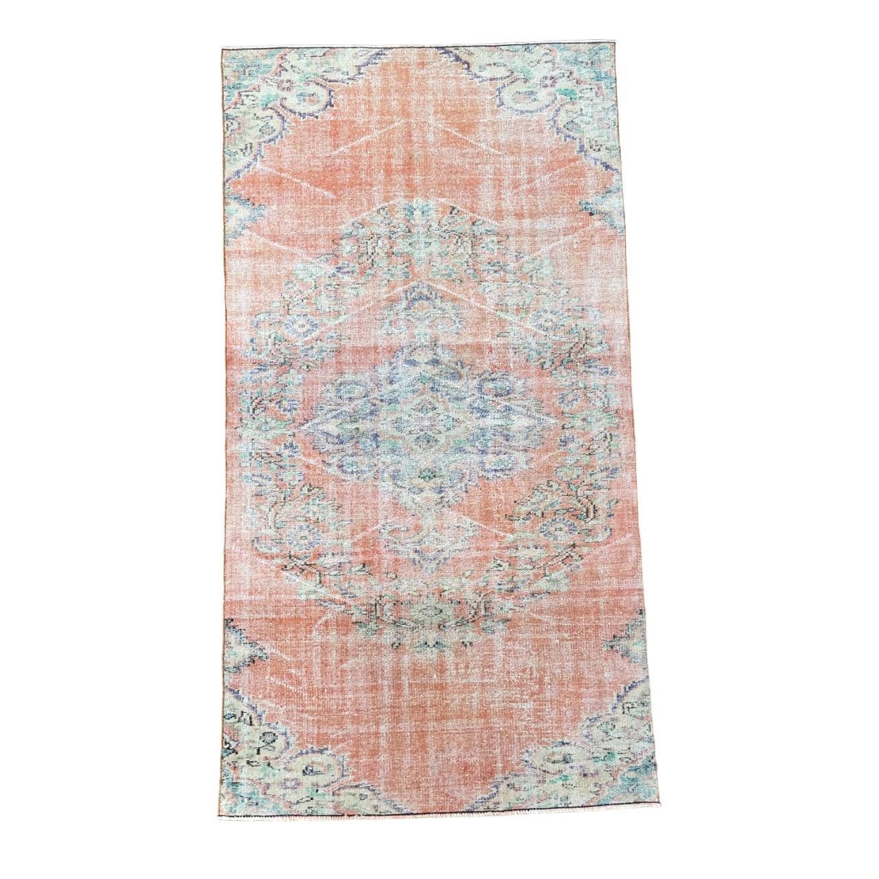 Handmade Turkish Area Rug: Distressed Peach and Blue Medallion Design