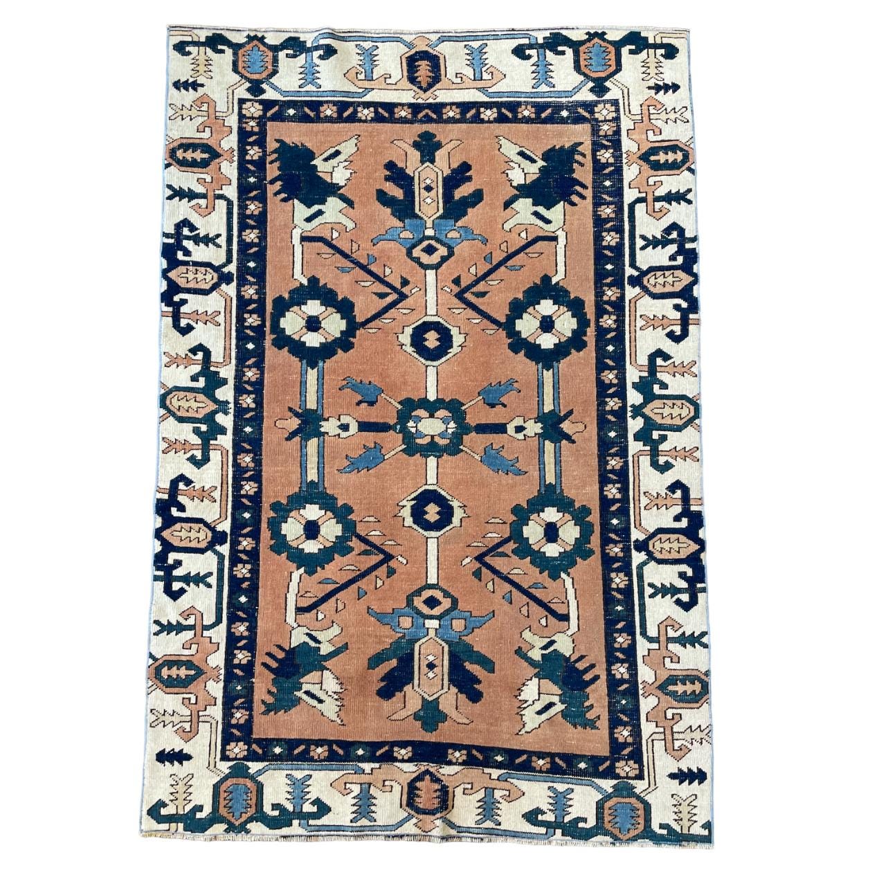 Handmade 4'3"x6'4" Turkish Rug – Terracotta and Blue Floral Design, Unique Boho Area Rug