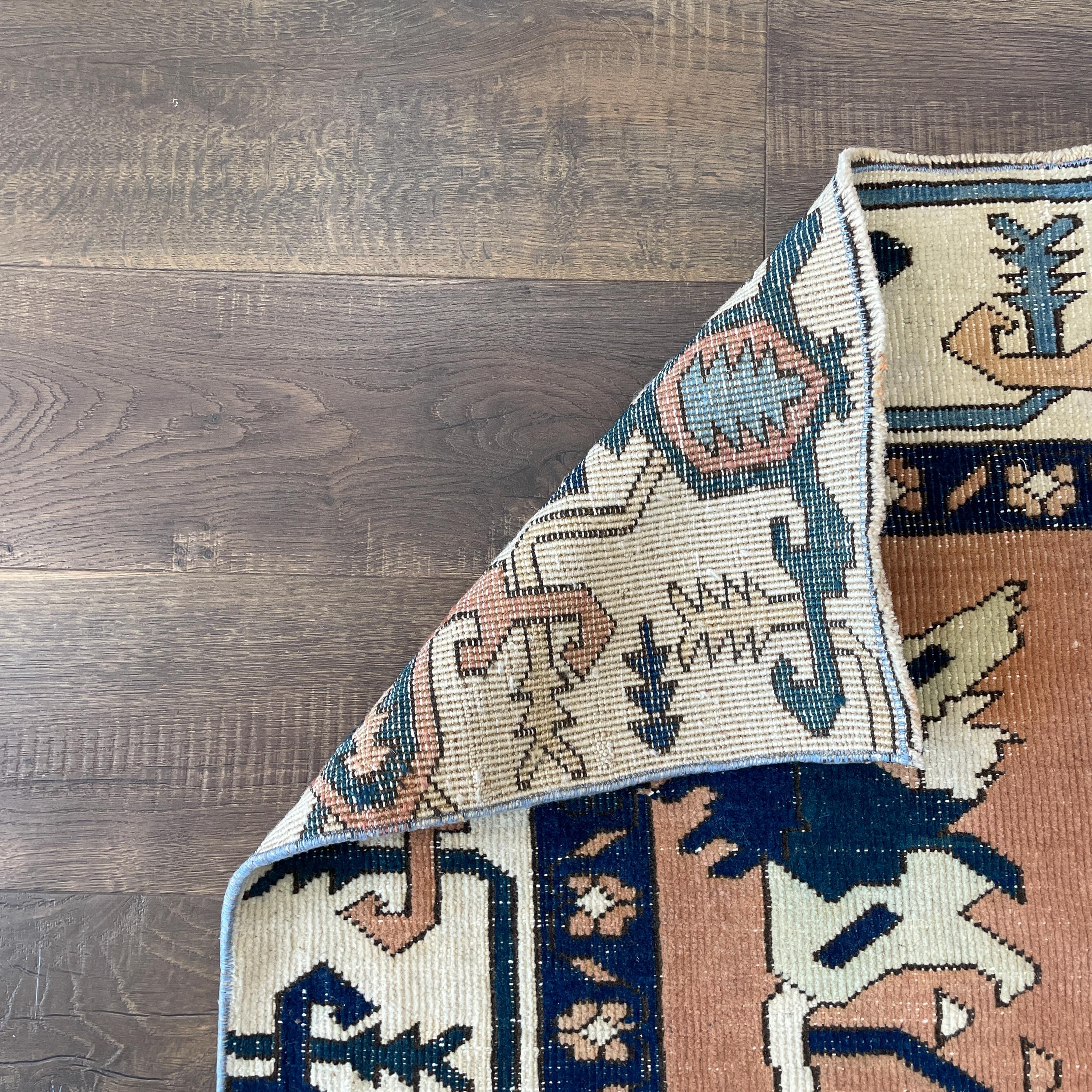 Handmade 4'3"x6'4" Turkish Rug – Terracotta and Blue Floral Design, Unique Boho Area Rug