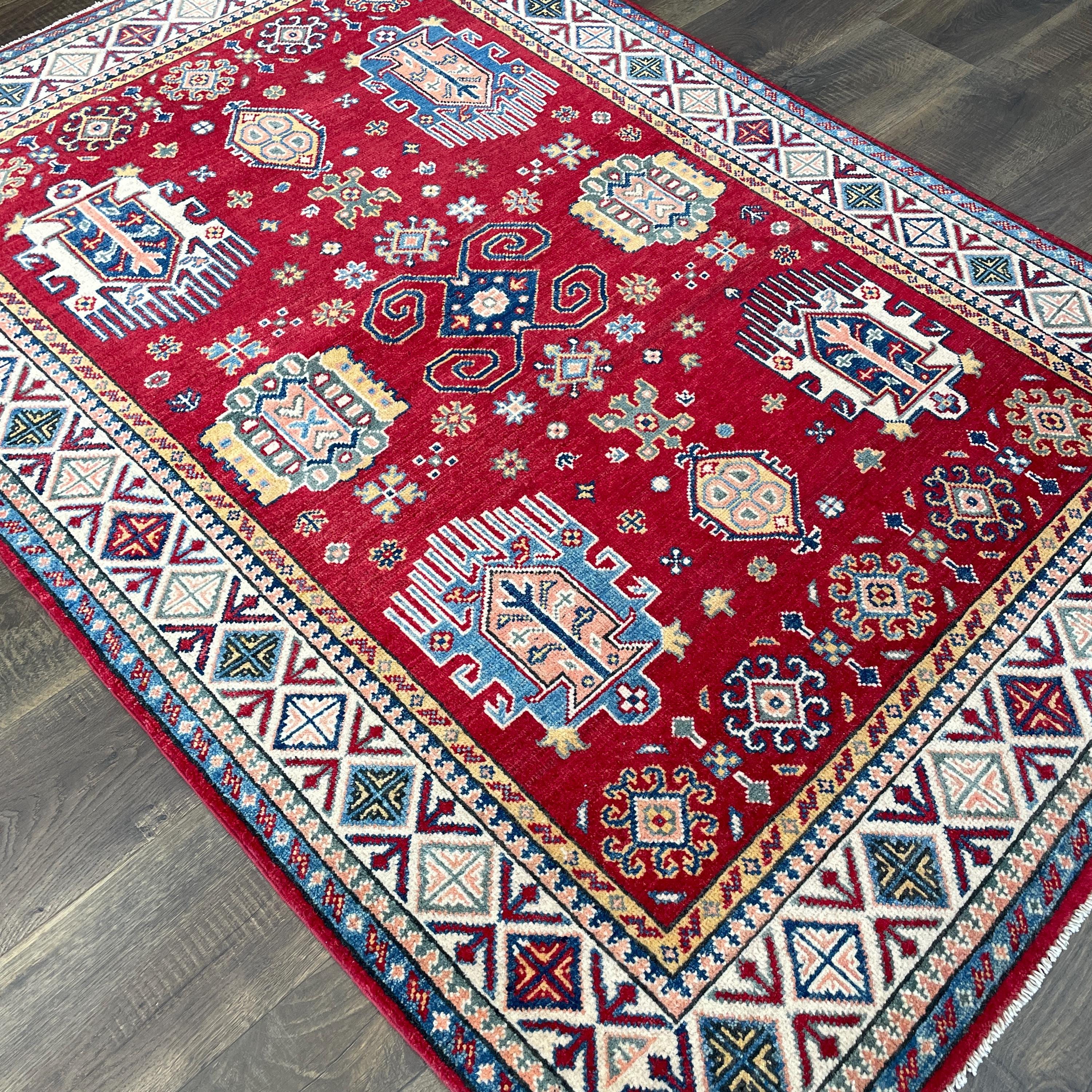 Handmade 4'x6' Red Turkish Rug – Bold Geometric Tribal Design, Unique Boho Area Rug
