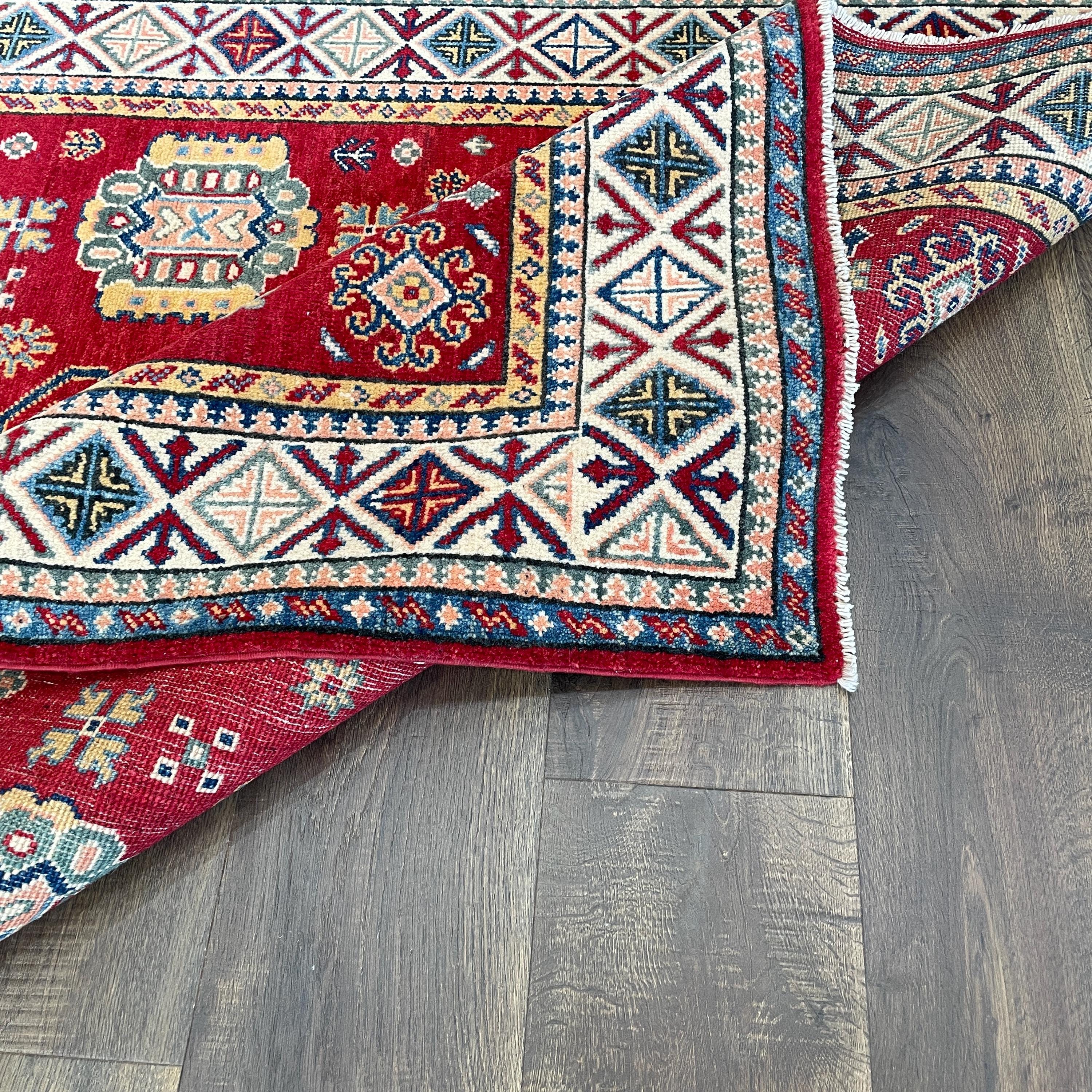 Handmade 4'x6' Red Turkish Rug – Bold Geometric Tribal Design, Unique Boho Area Rug