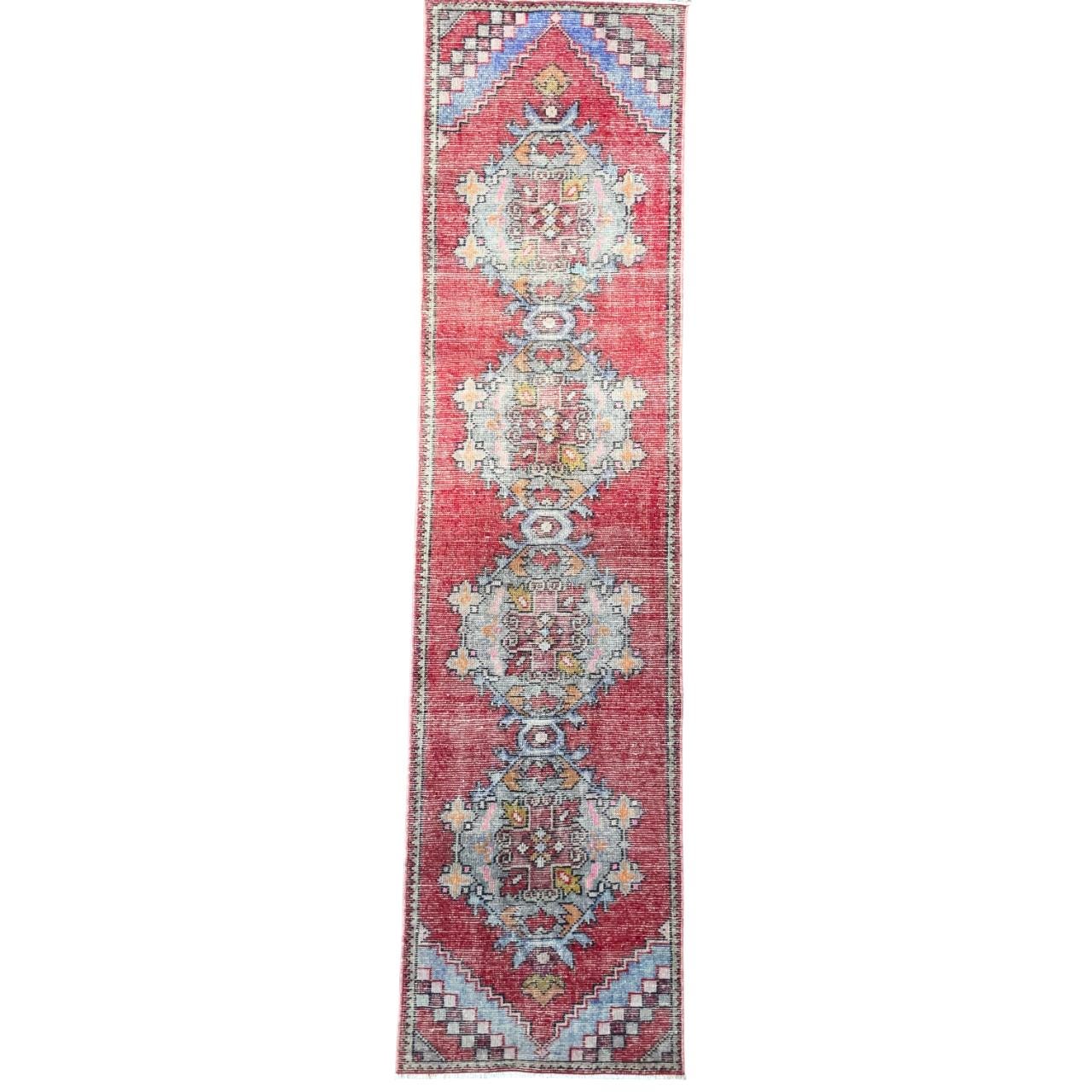 Handmade Turkish Wool Runner Rug: Vintage Red and Blue Hallway Rug (2'3"x8'10")