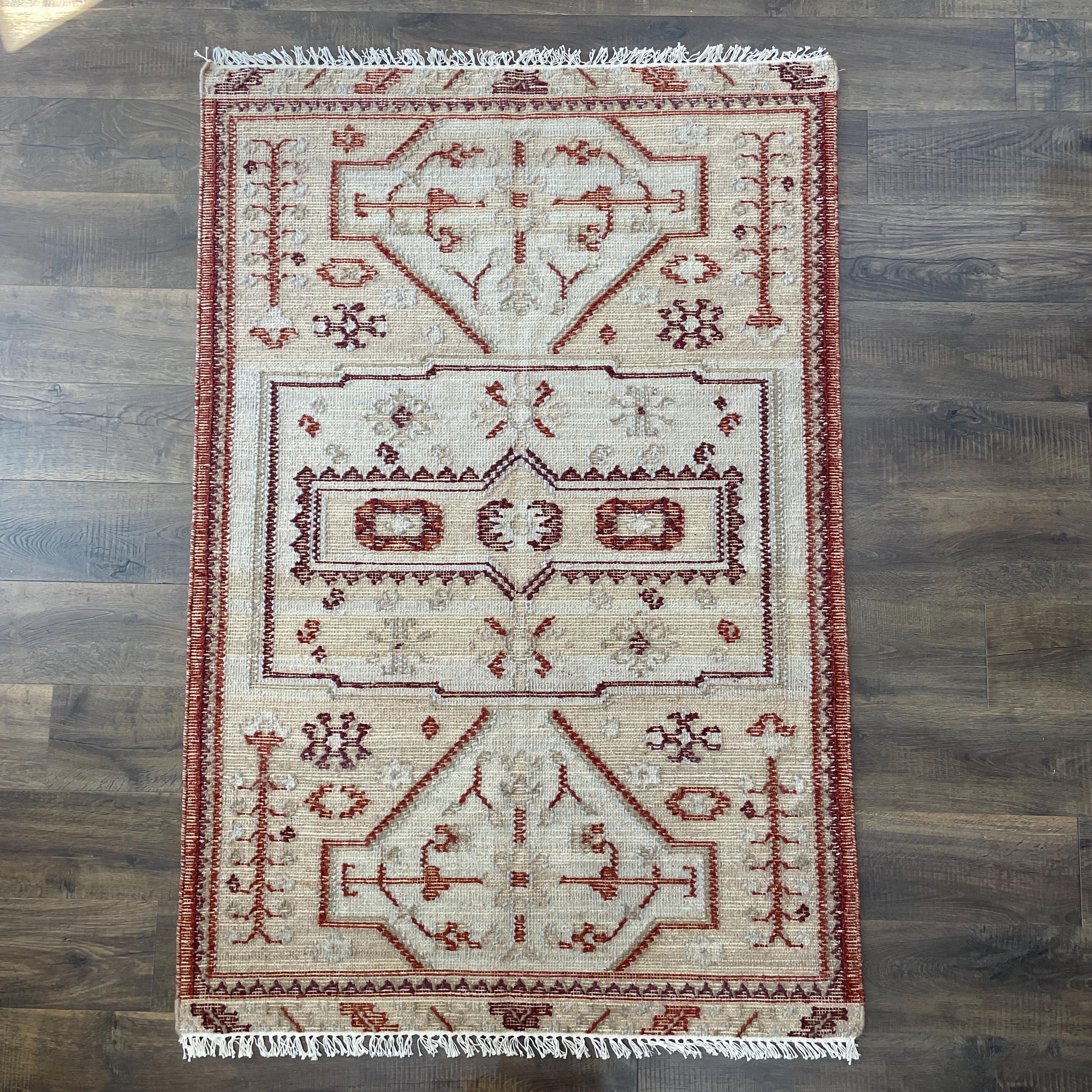 Handmade Turkish Kilim Rug (4'x6'): Red and Beige Tribal Boho Decor