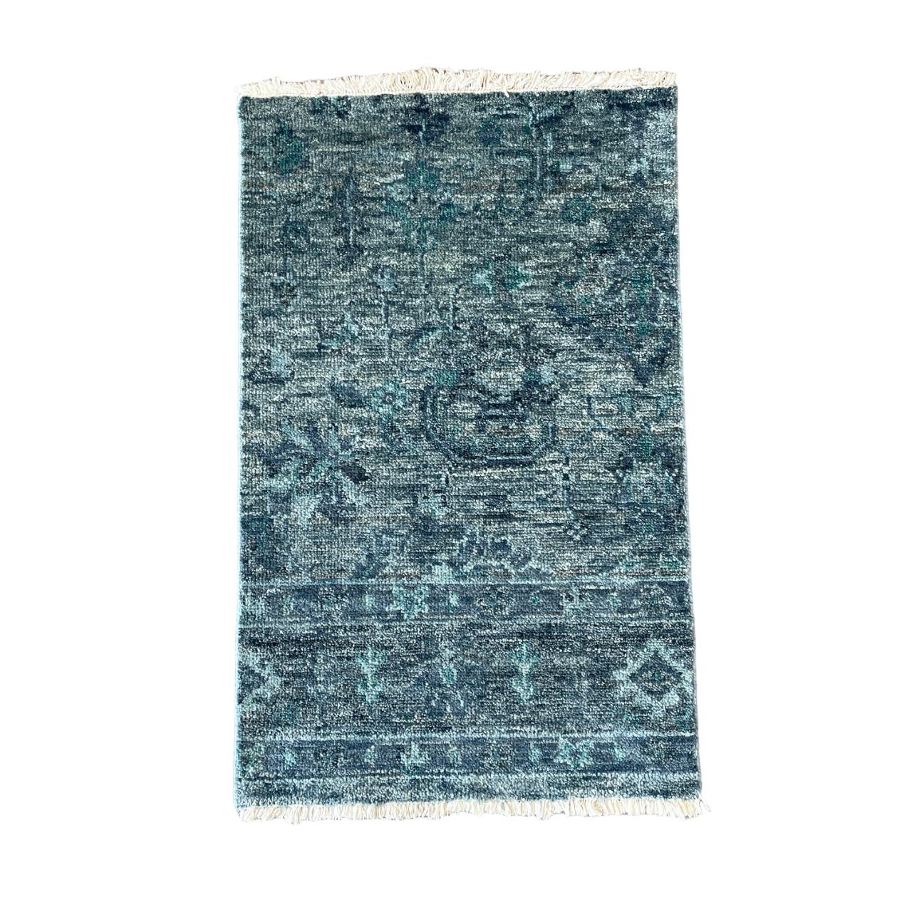 Handmade Distressed Blue Turkish Rug: Vintage Boho Accent (1'10"x3')