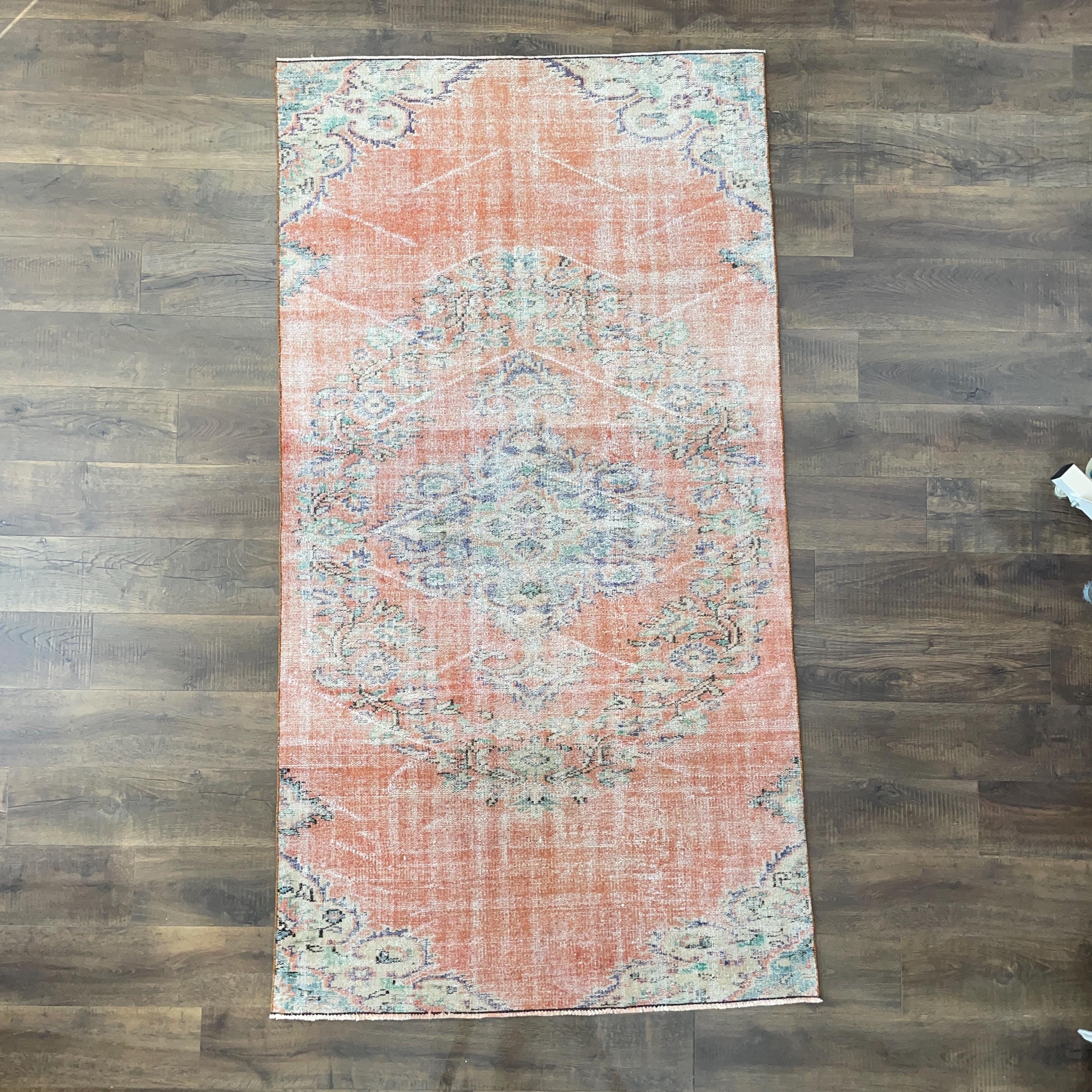 Handmade Turkish Area Rug: Distressed Peach and Blue Medallion Design