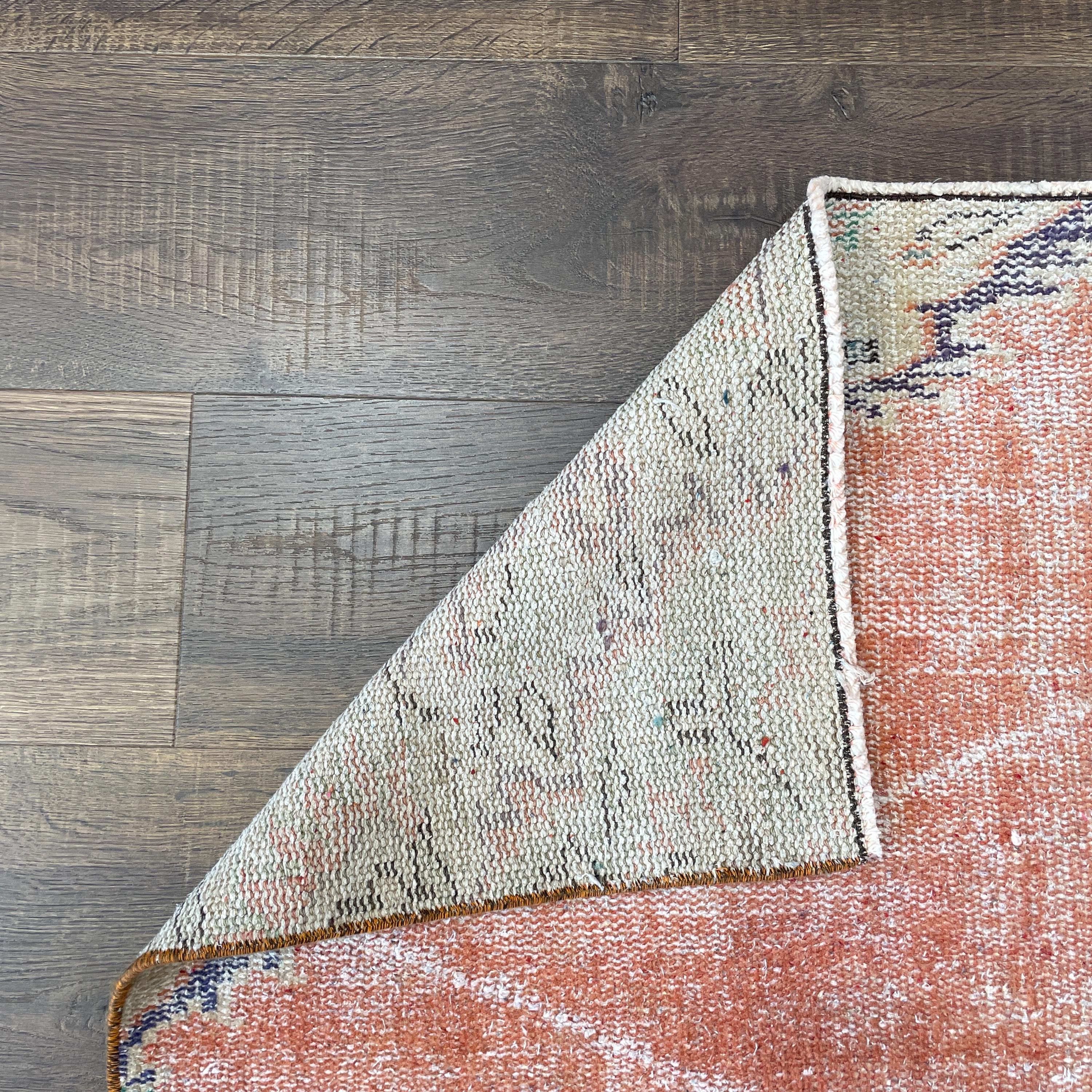 Handmade Turkish Area Rug: Distressed Peach and Blue Medallion Design