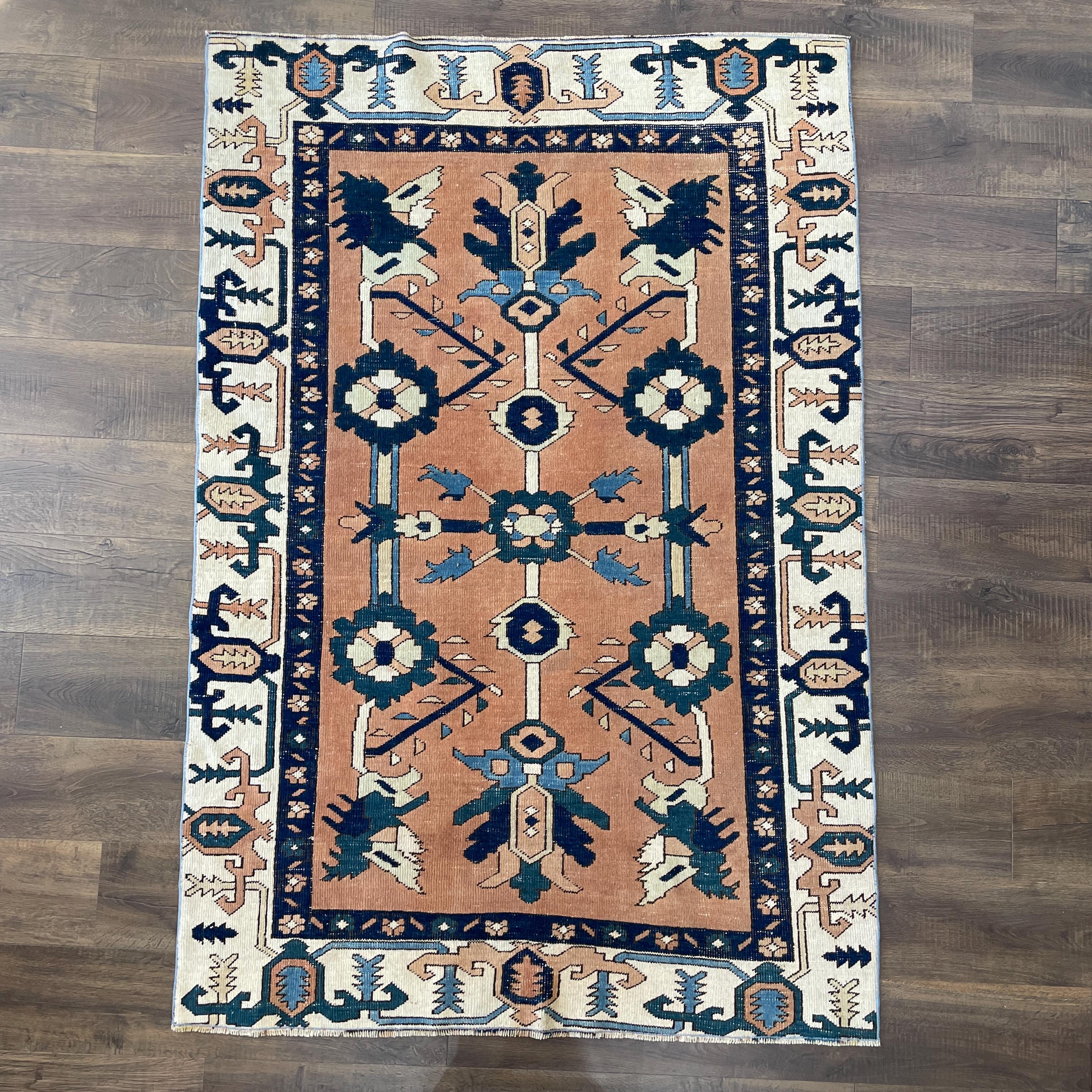 Handmade 4'3"x6'4" Turkish Rug – Terracotta and Blue Floral Design, Unique Boho Area Rug