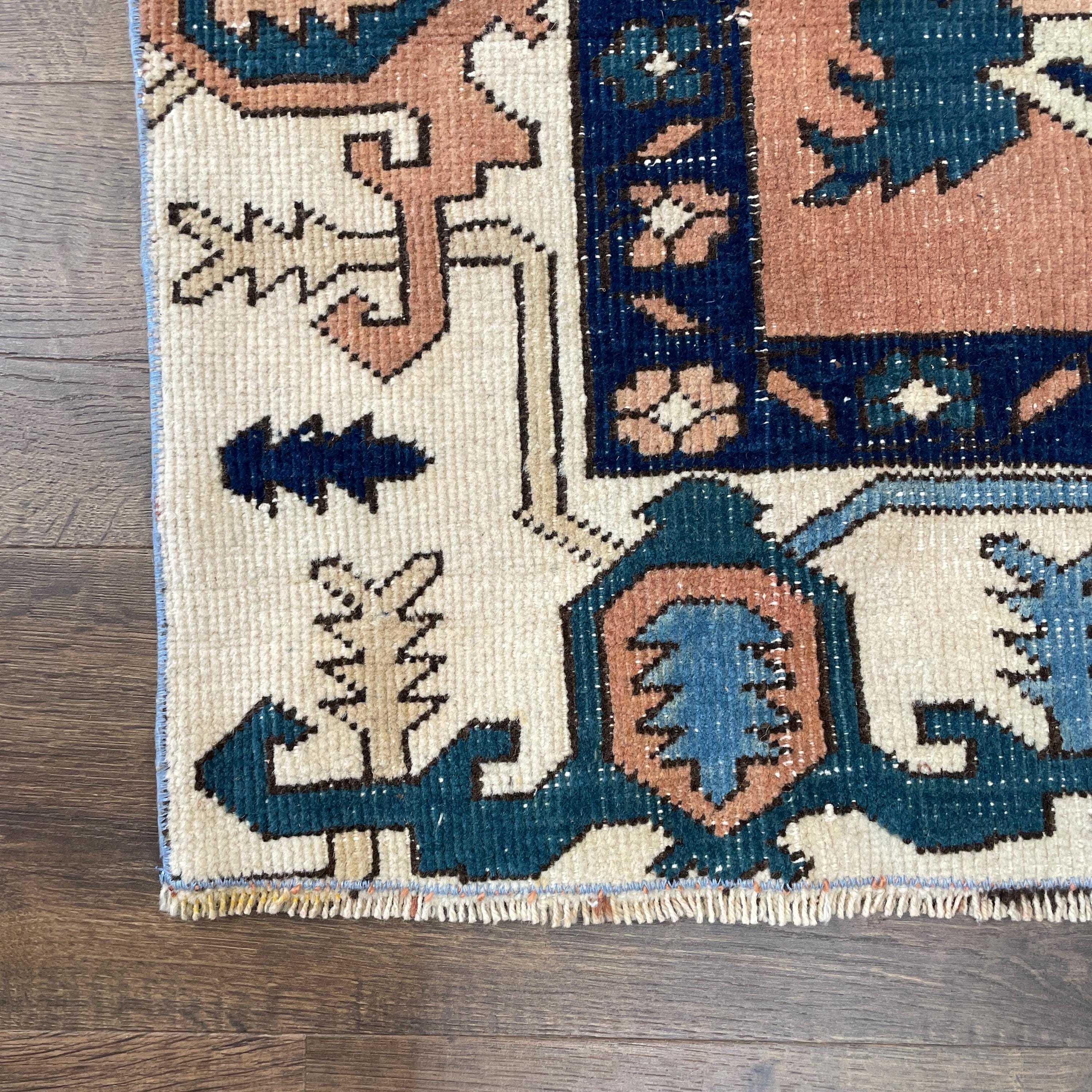 Handmade 4'3"x6'4" Turkish Rug – Terracotta and Blue Floral Design, Unique Boho Area Rug