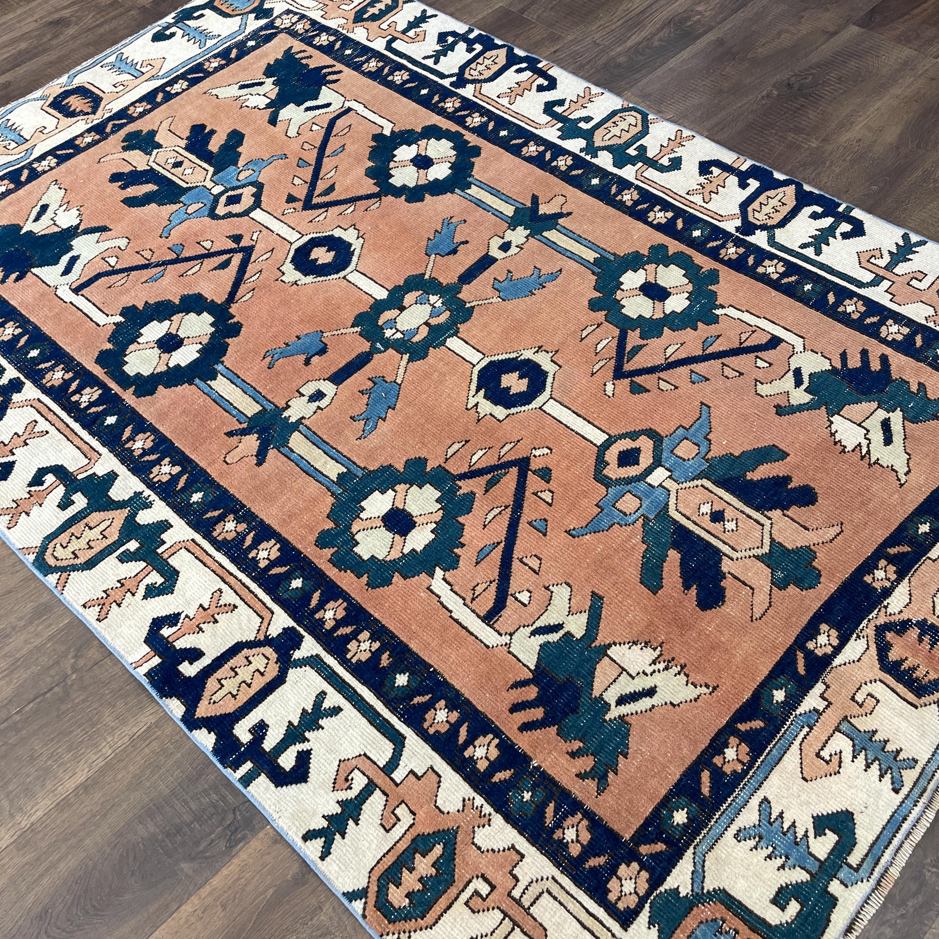 Handmade 4'3"x6'4" Turkish Rug – Terracotta and Blue Floral Design, Unique Boho Area Rug