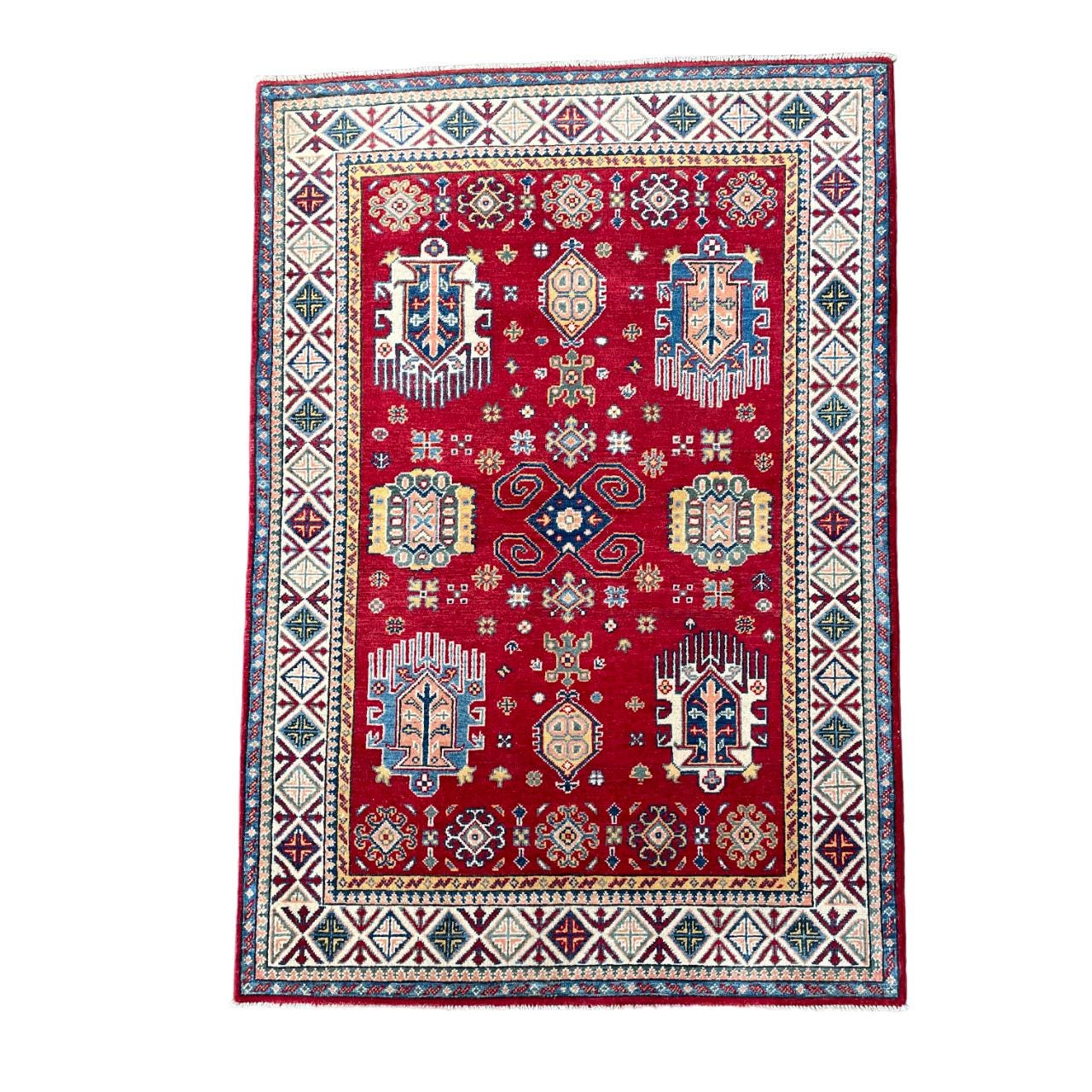 Handmade 4'x6' Red Turkish Rug – Bold Geometric Tribal Design, Unique Boho Area Rug
