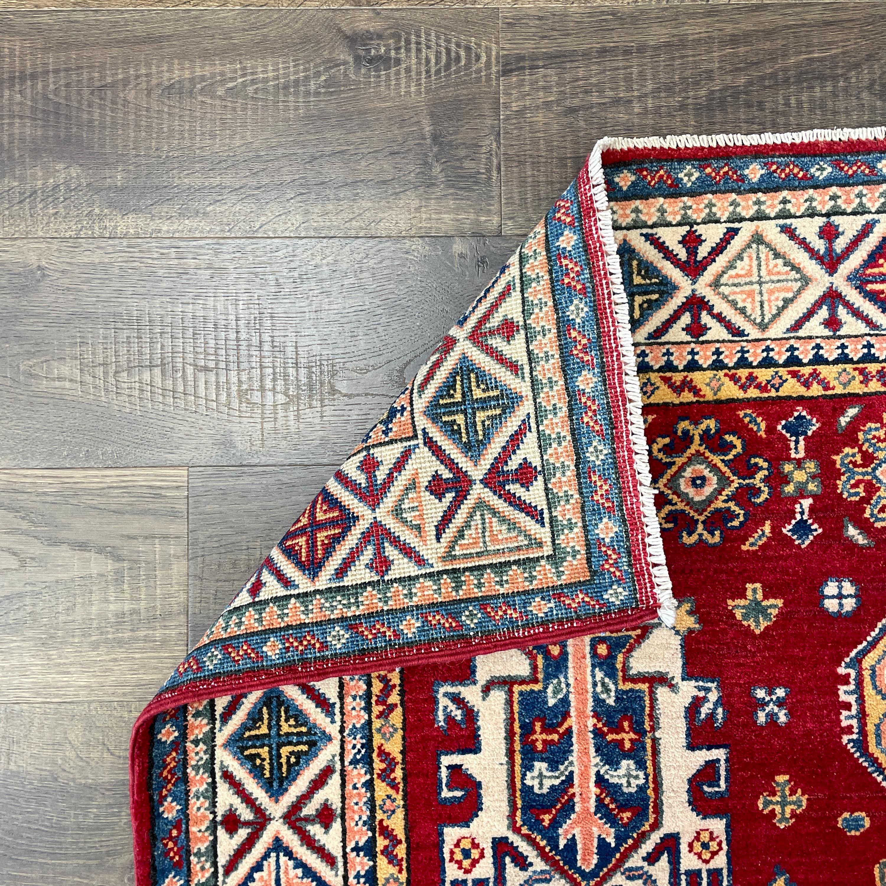 Handmade 4'x6' Red Turkish Rug – Bold Geometric Tribal Design, Unique Boho Area Rug