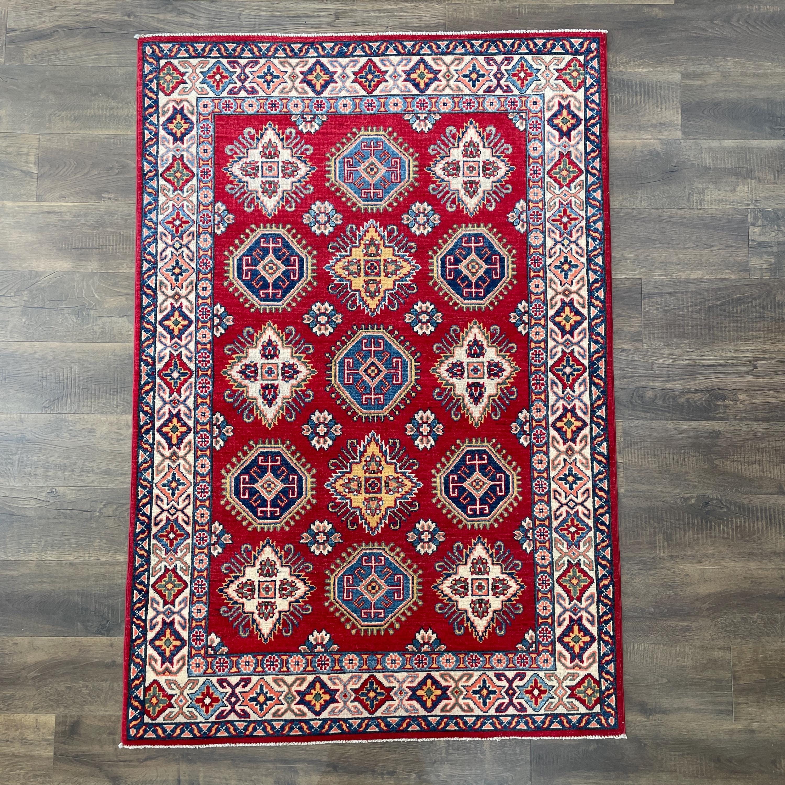 Handmade 4'2"x6'2" Turkish Red Rug – Traditional Geometric Medallion Pattern, Boho Area Rug