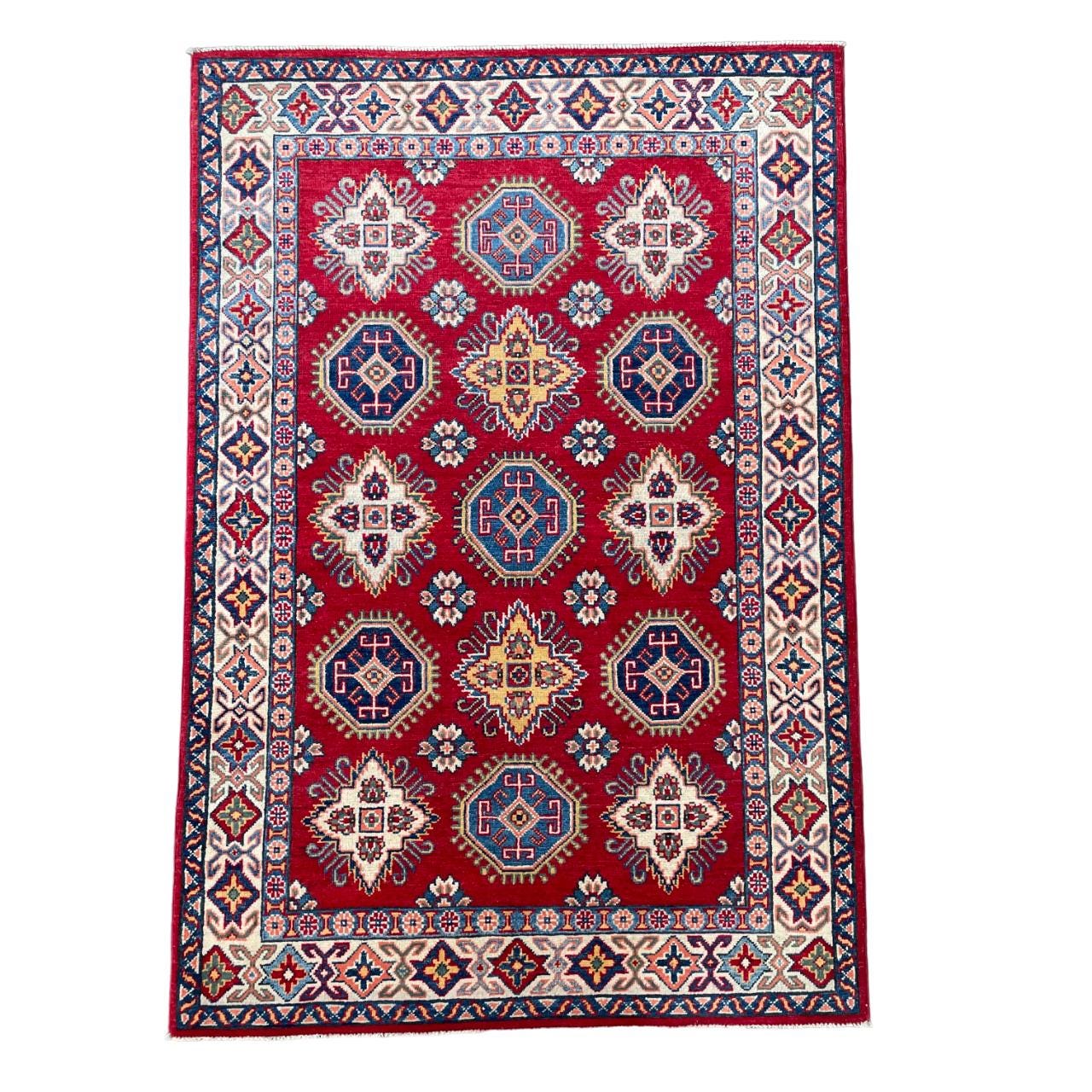 Handmade 4'2"x6'2" Turkish Red Rug – Traditional Geometric Medallion Pattern, Boho Area Rug