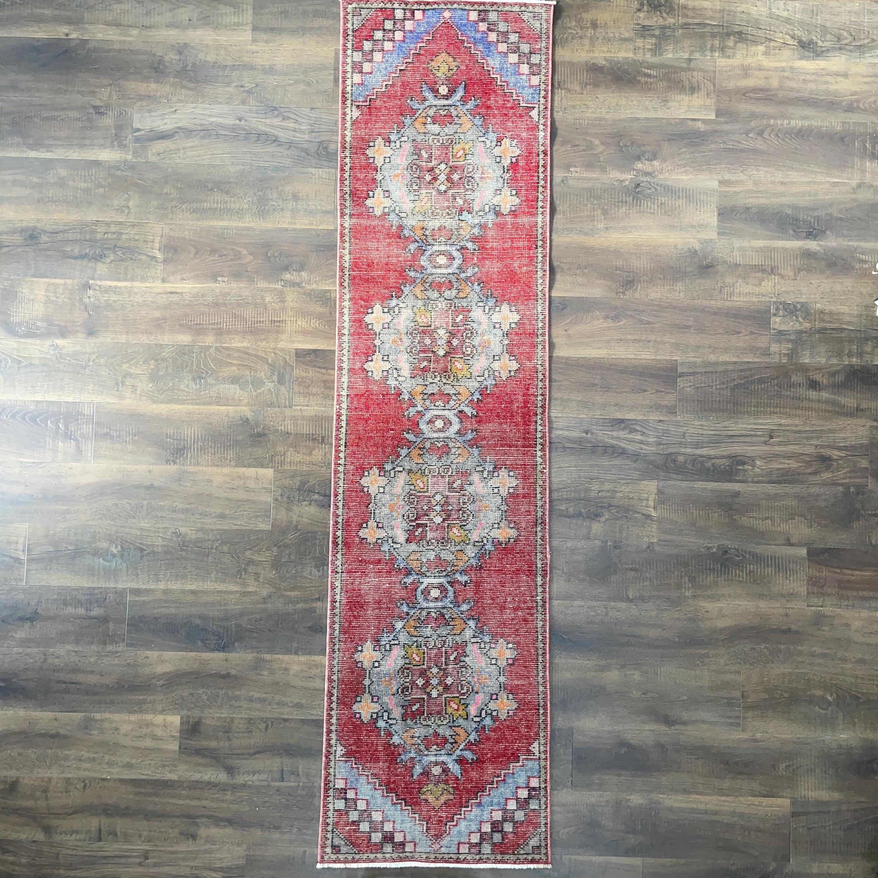 Handmade Turkish Wool Runner Rug: Vintage Red and Blue Hallway Rug (2'3"x8'10")