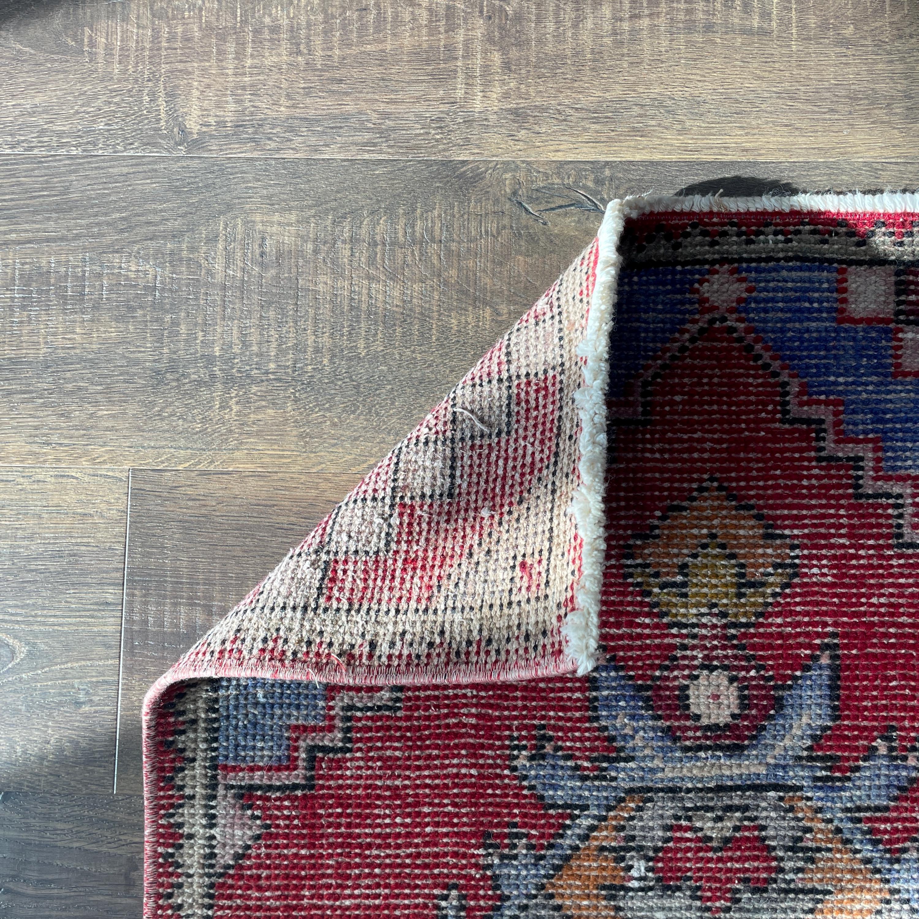 Handmade Turkish Wool Runner Rug: Vintage Red and Blue Hallway Rug (2'3"x8'10")