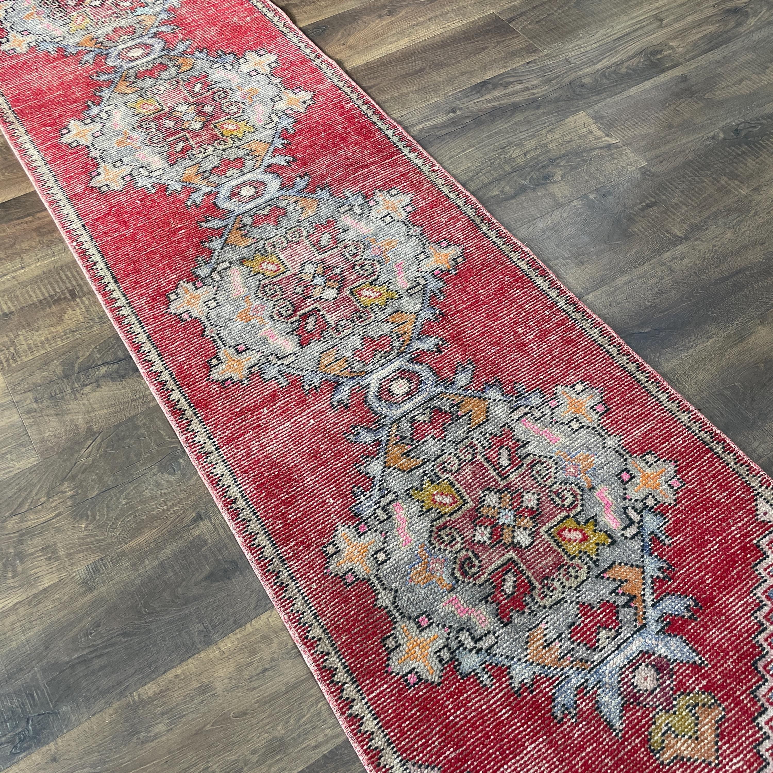 Handmade Turkish Wool Runner Rug: Vintage Red and Blue Hallway Rug (2'3"x8'10")