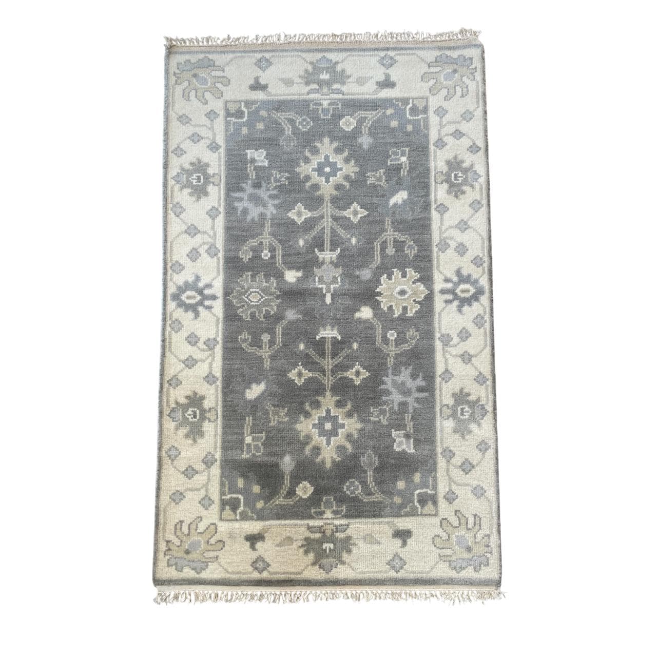 Handmade Turkish Wool Rug (3'x5'): Gray Ivory Boho Chic Decor